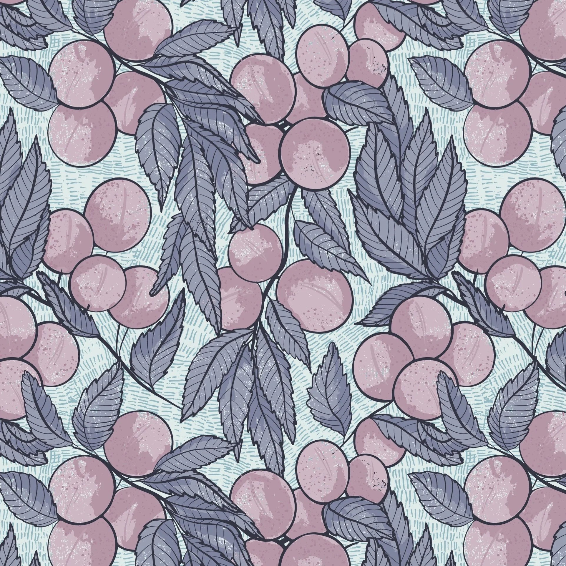 Mirabelle Plum surface pattern design — purple stone fruit and leaves pattern on a light blue background