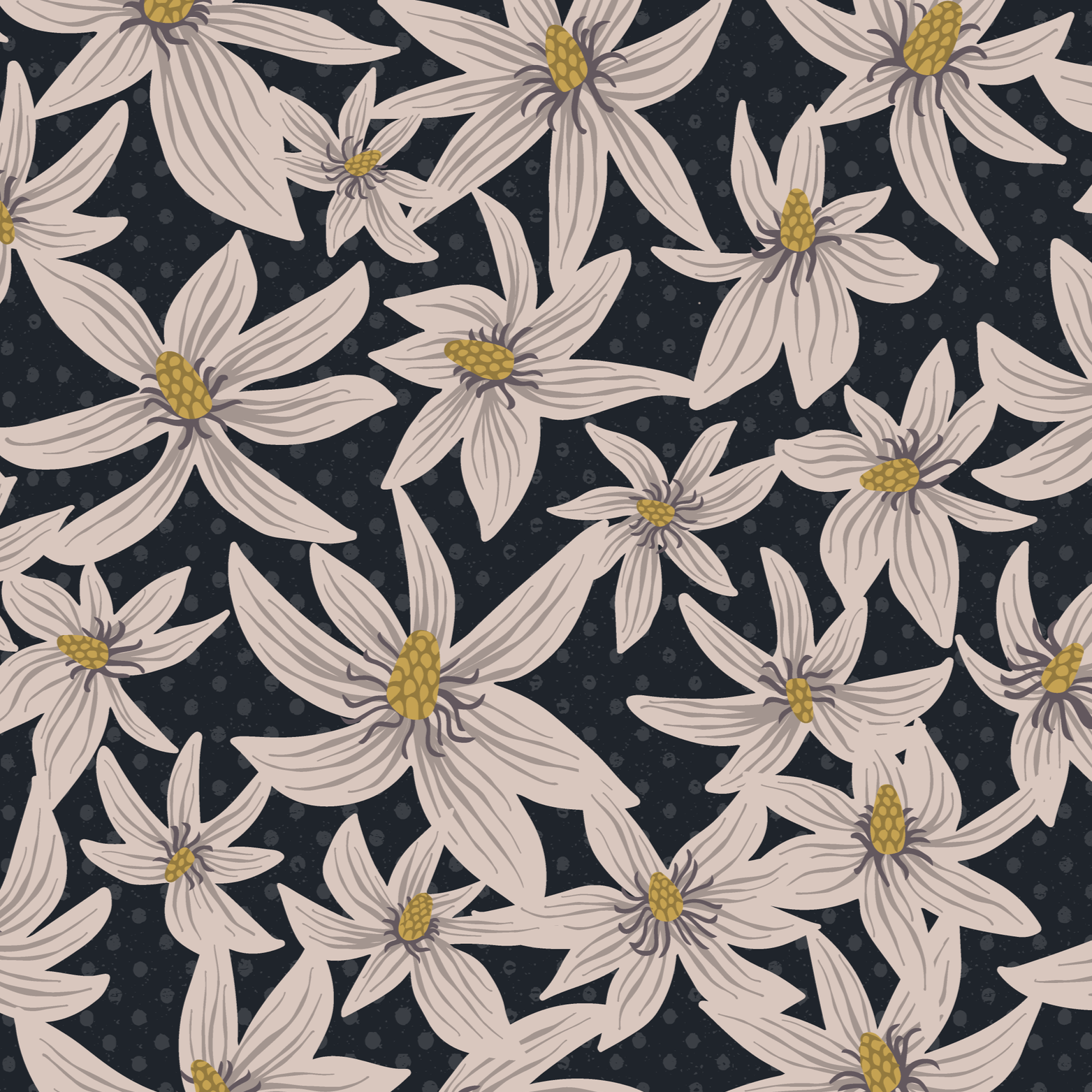 Umbrella Magnolia surface pattern design — white magnolia floral pattern on a navy background