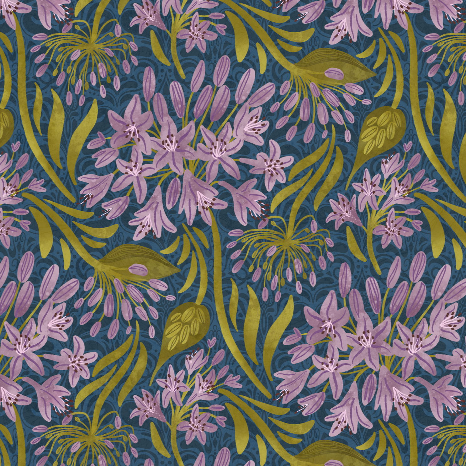 Victorian Twilight surface pattern design — purple Agapanthus (Lily of the Nile) flowers with olive green foliage on a navy background