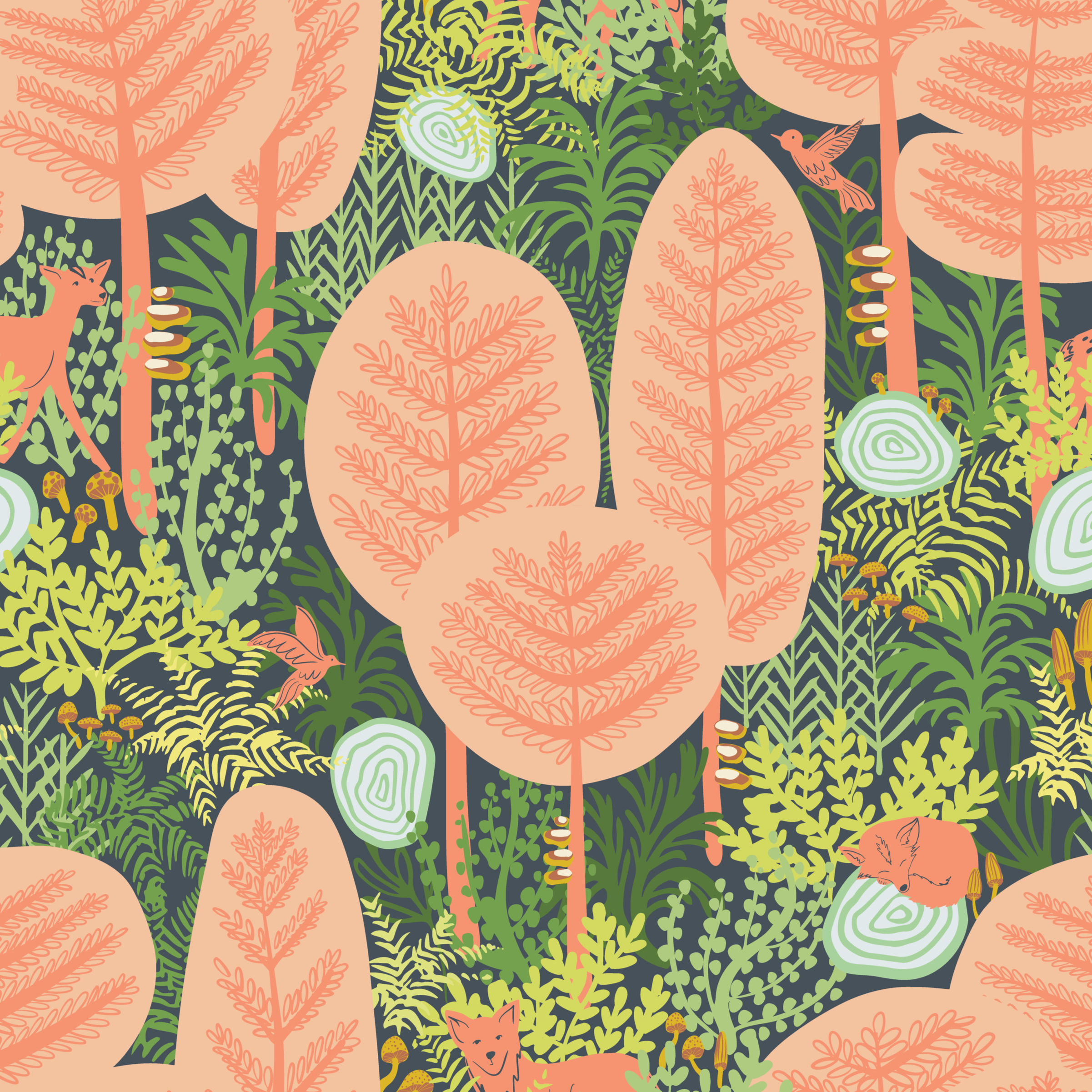 Woodland Wonders surface pattern design — large coral leaf trees with green tropical foliage and woodland animals