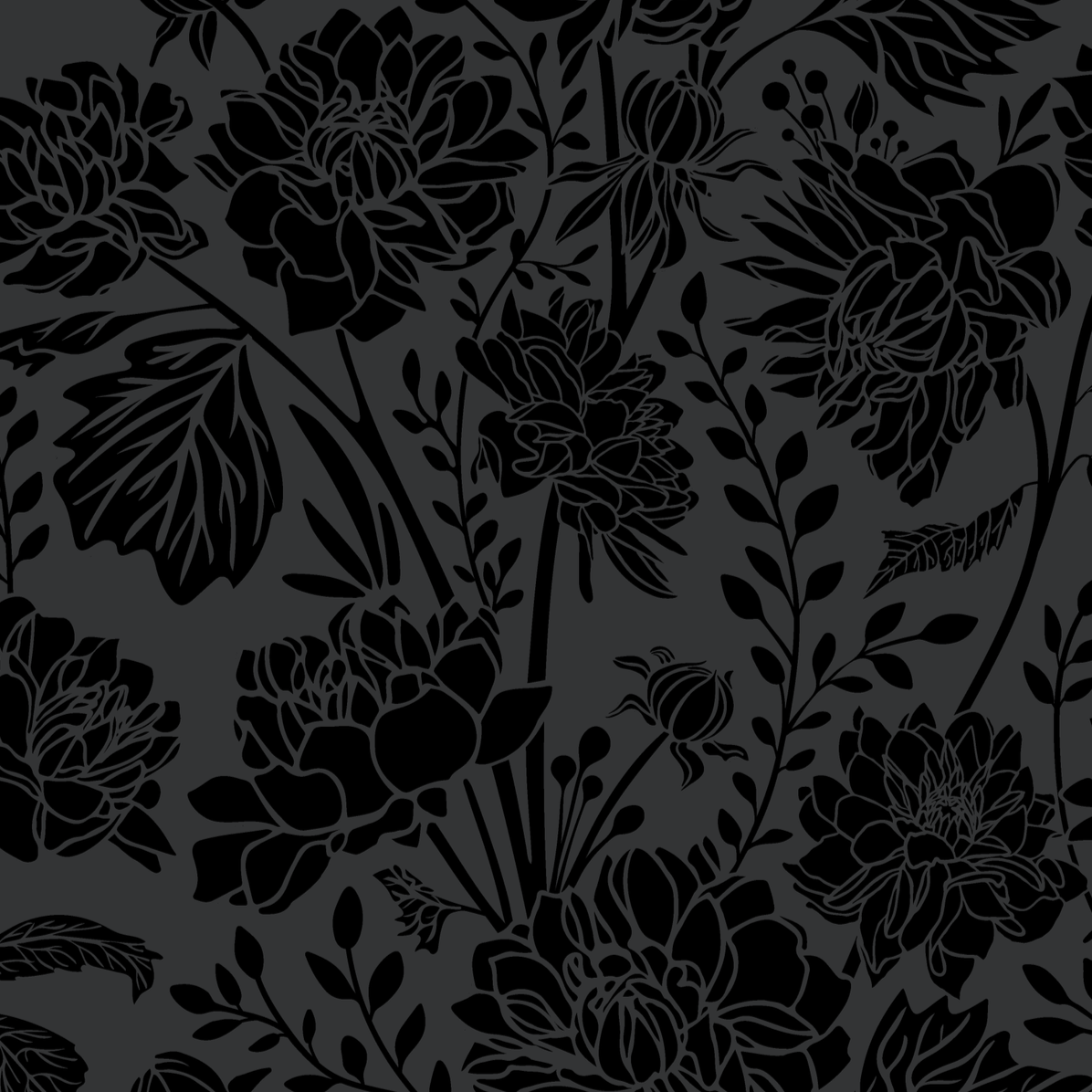 Dahlia Noir surface pattern design — dark floral damask pattern in black and charcoal tones