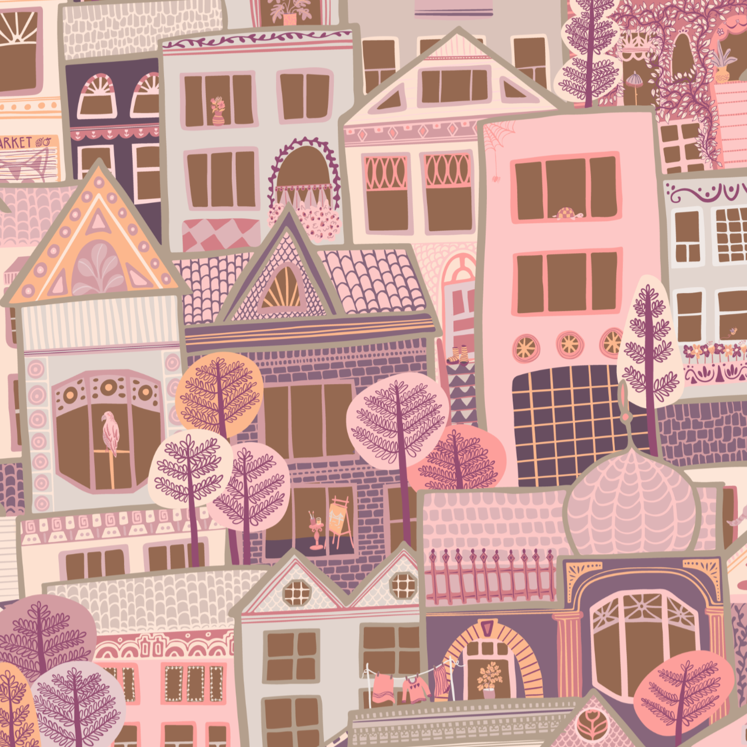 Urban Treasure Quest surface pattern design — whimsical pastel houses and buildings in pink and mauve