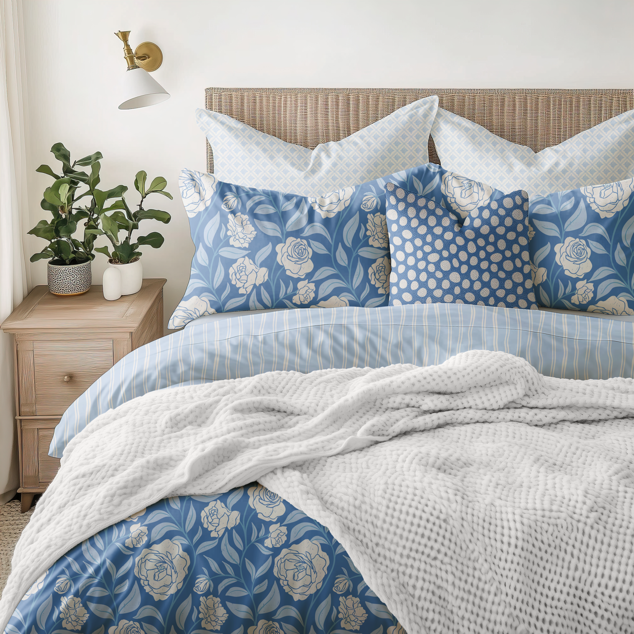 Blue and white floral bedding collection featuring rose print duvet and patterned throw pillows