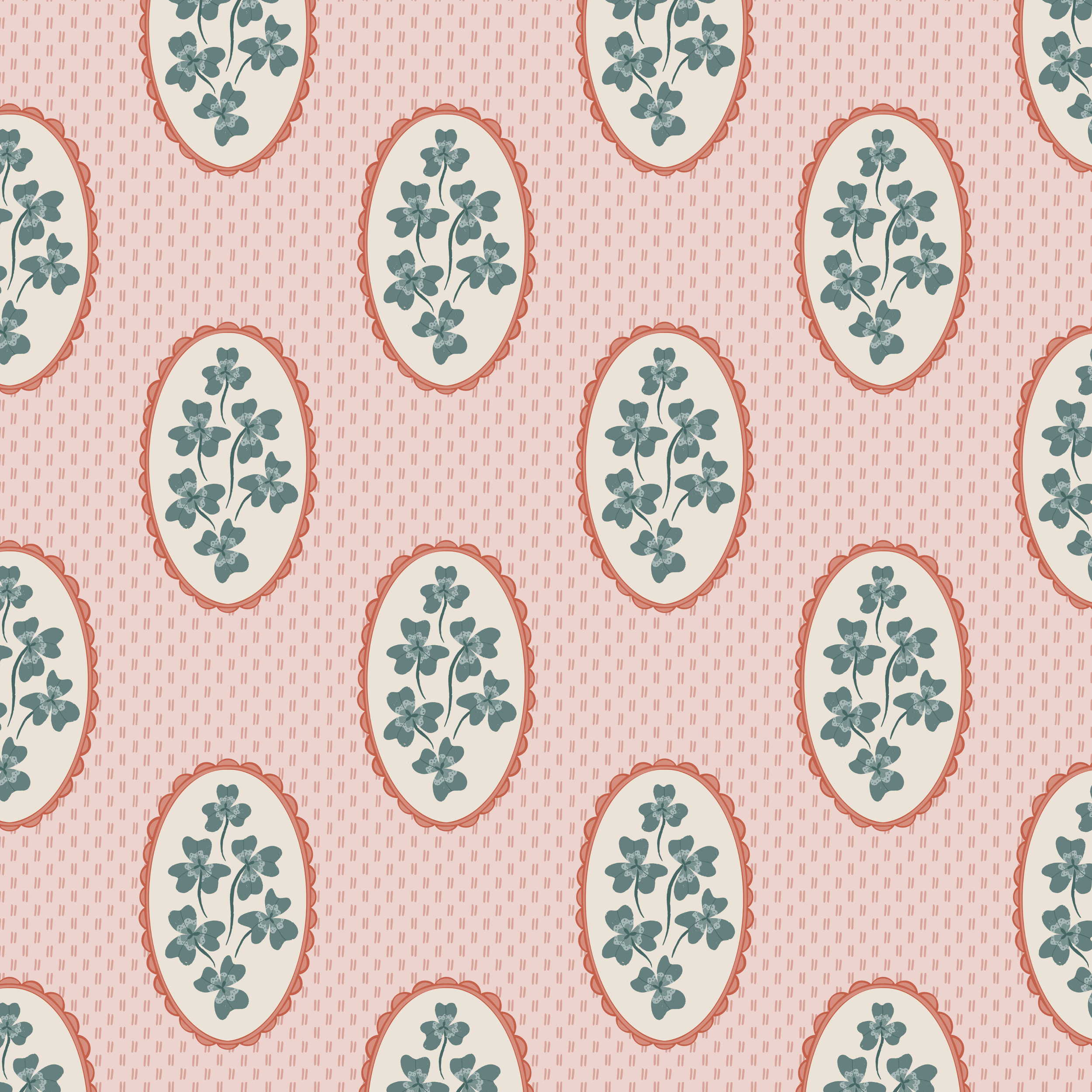Clover Cameo surface pattern design — botanical oval medallion pattern in dusty rose and sage