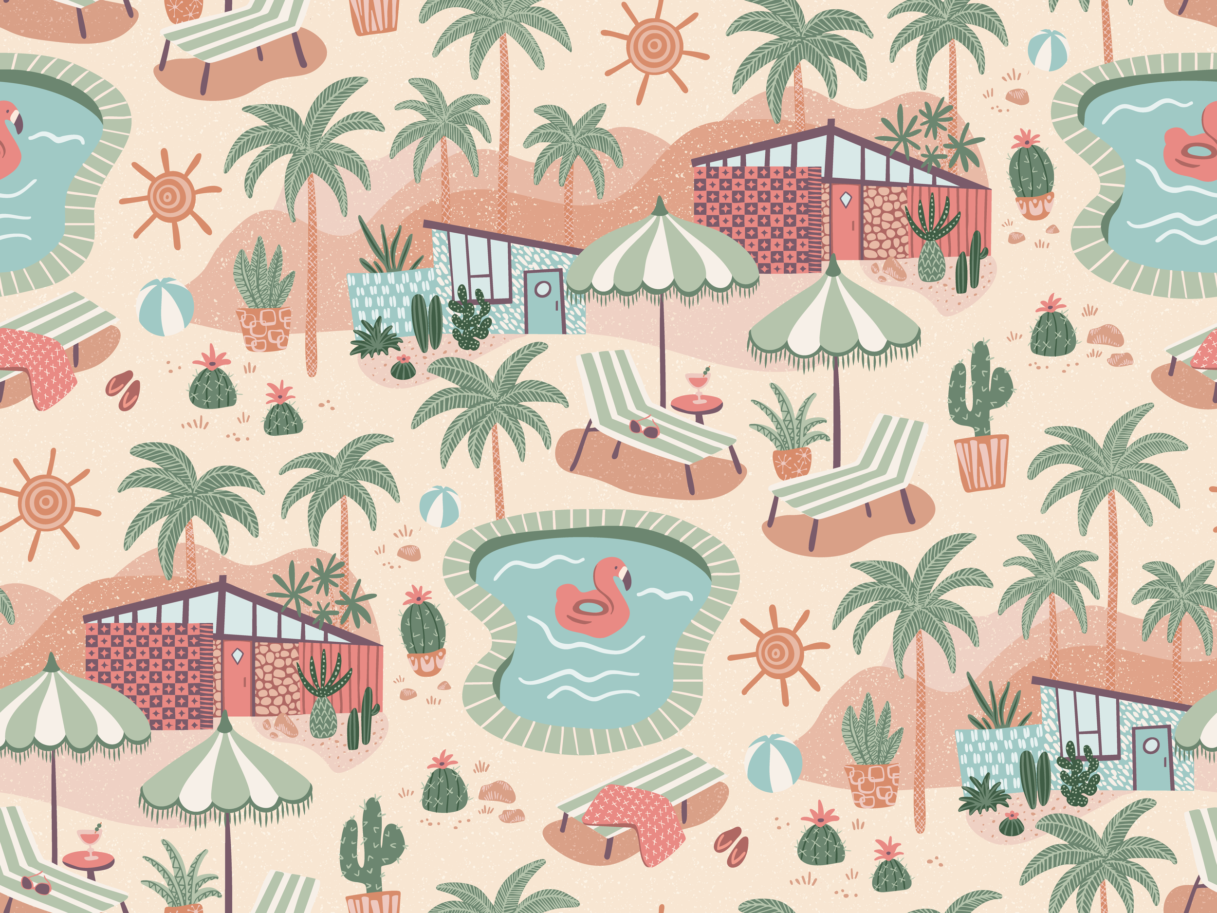 Palm Springs Pool Party surface pattern design— retro poolside scene with palm trees and lounge chairs in cream and teal