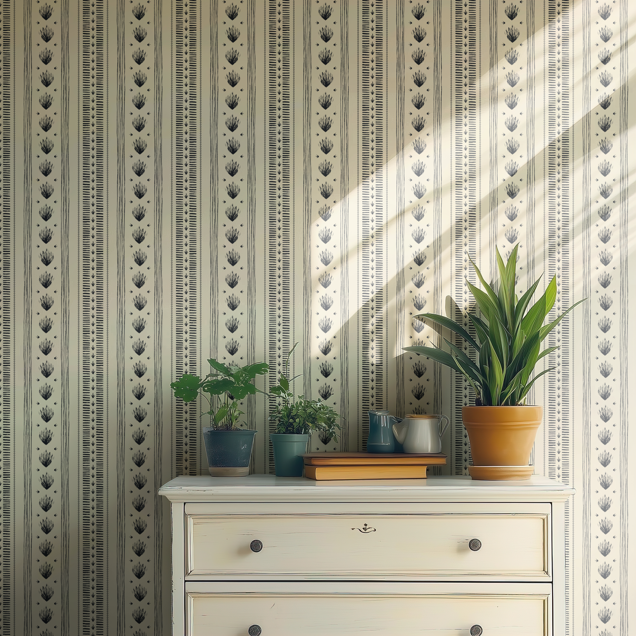 Black and cream vertical striped wallpaper in sage and cream with a vintage dresser and potted plants