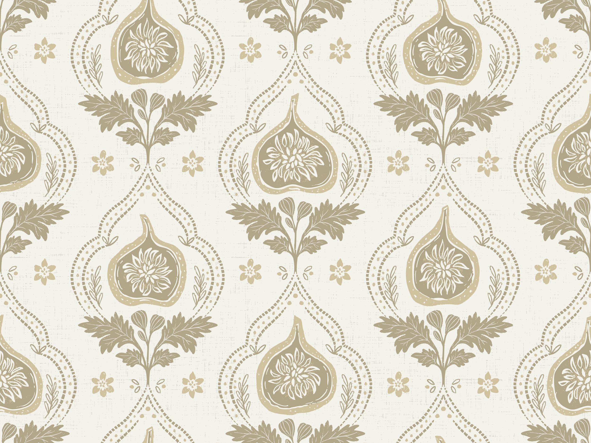 Sonoma Fig surface pattern design — ornate floral damask pattern in olive and cream