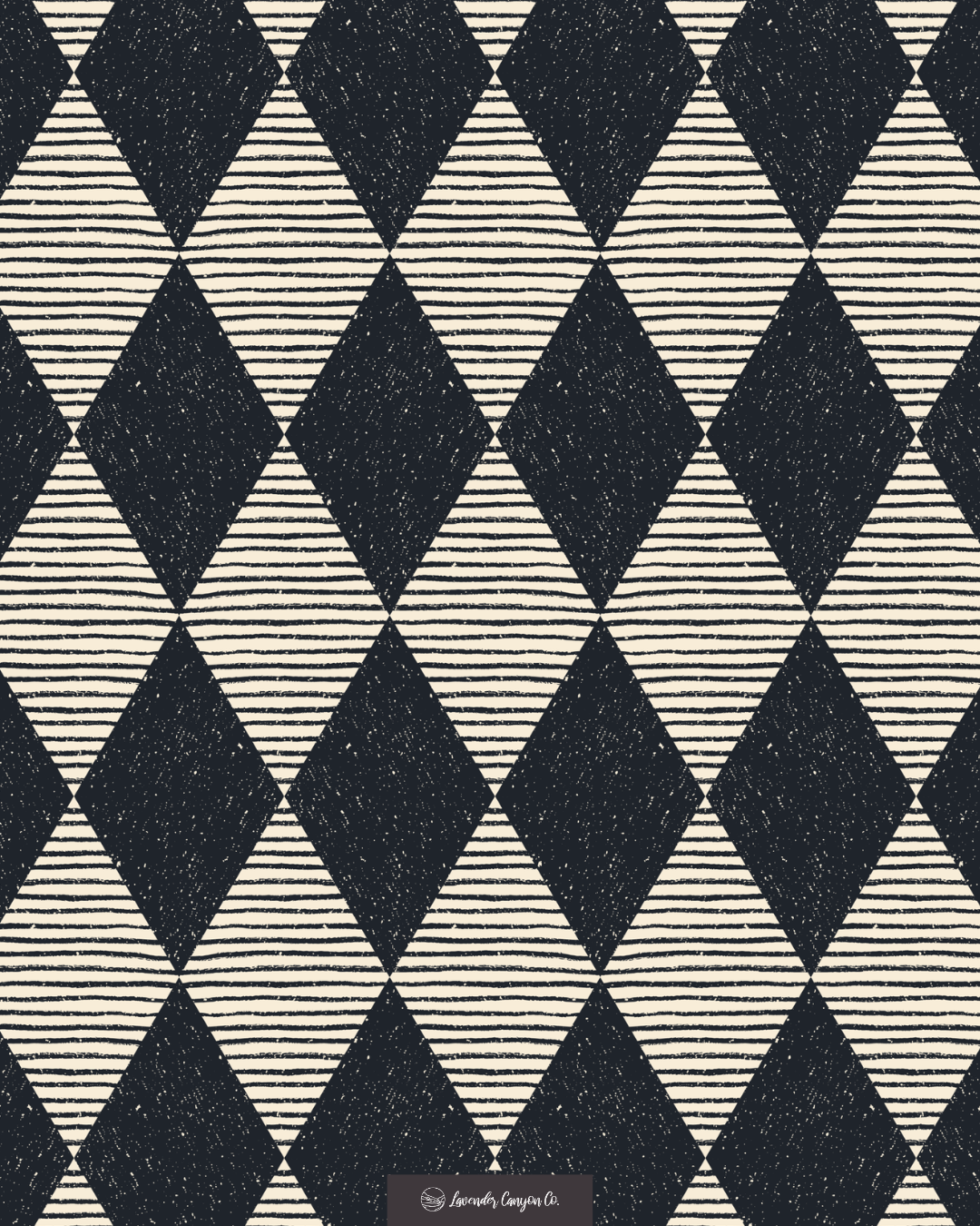 Harelquin Diamond Stripes surface pattern design — black and cream harlequin diamond pattern