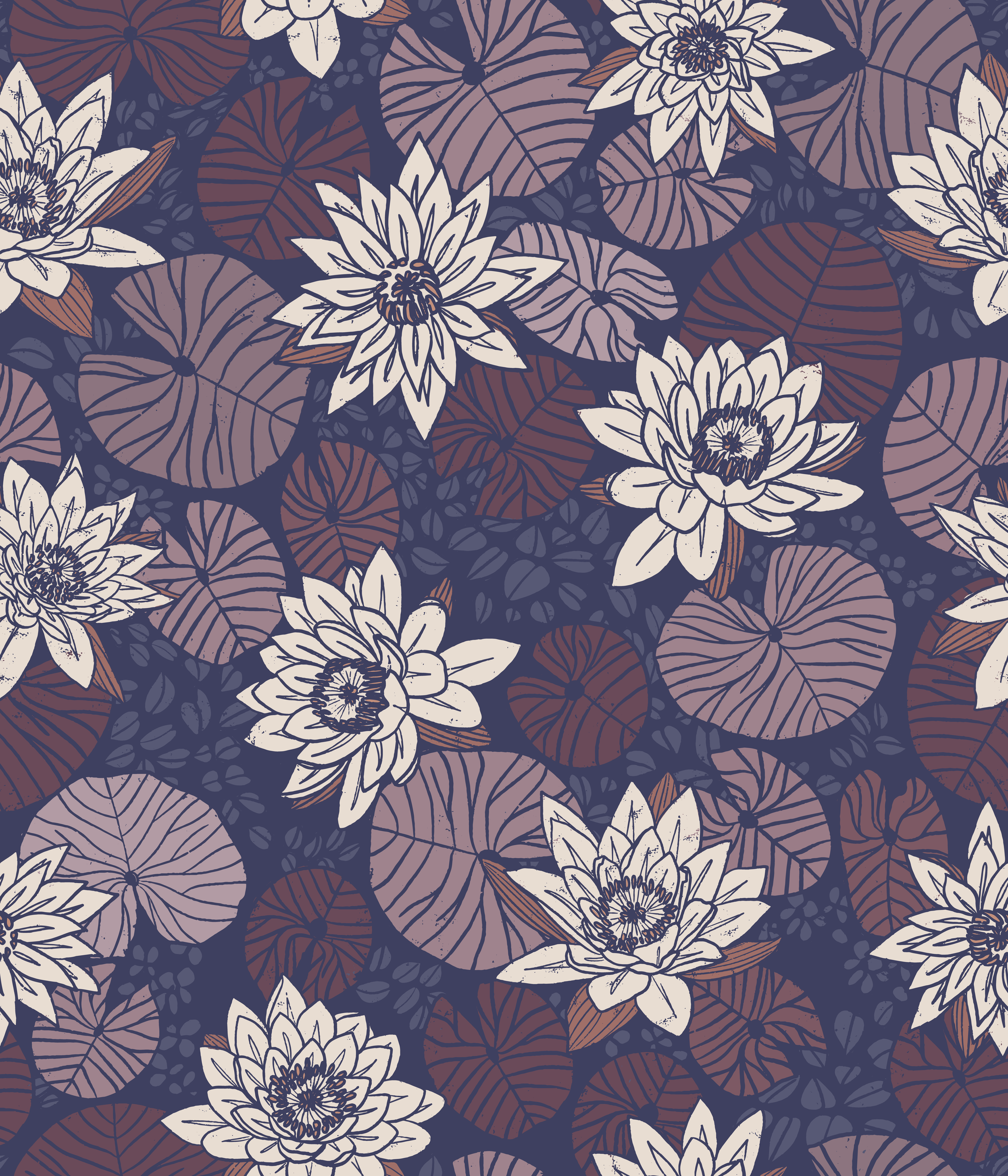 Velvet Lagoon surface pattern design — white water lily floral pattern on a navy and plum background