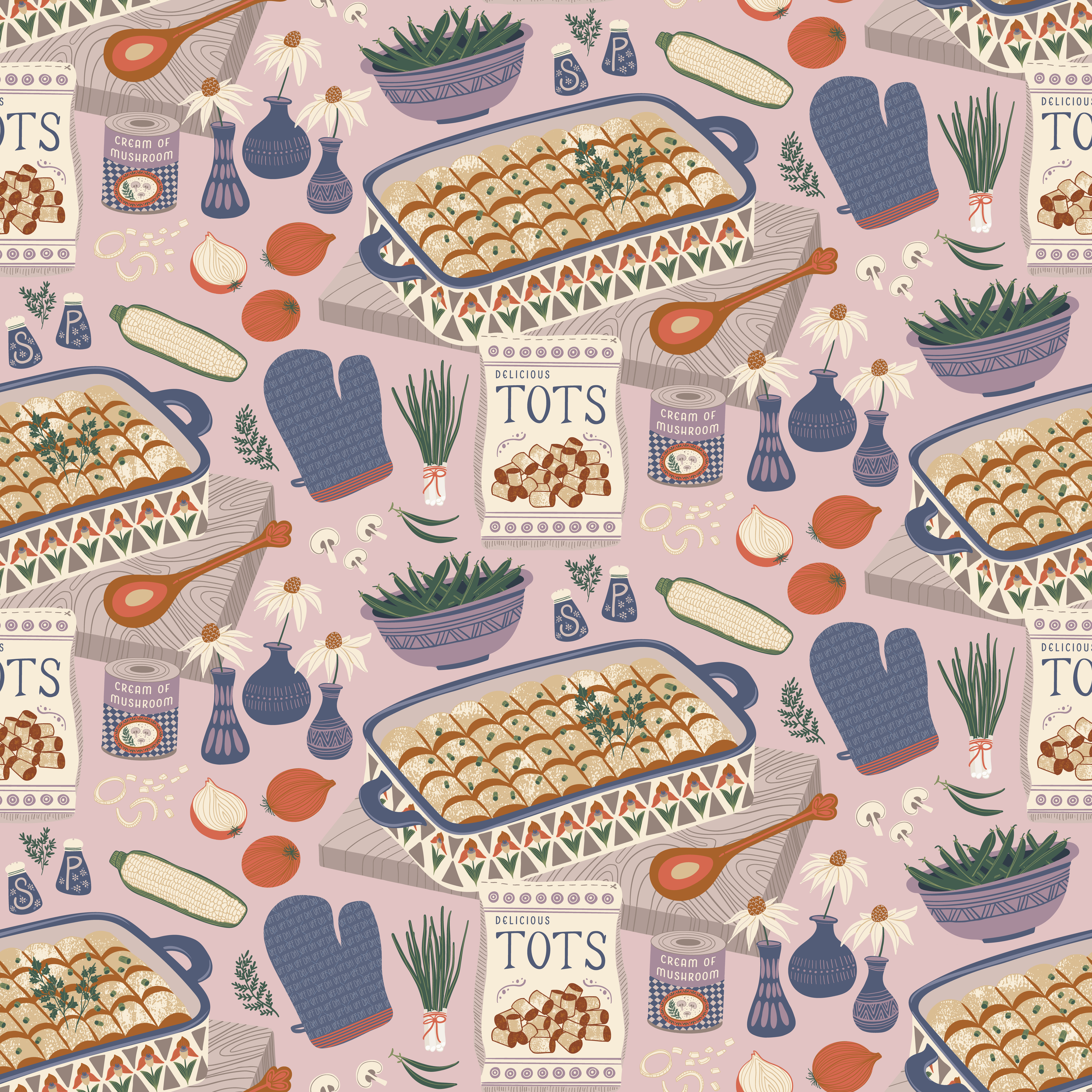 Tot-ally Hotdish surface pattern design — whimsical kitchen-themed midwest print with pastel cookware, oven mitts, tater tots, and utensils