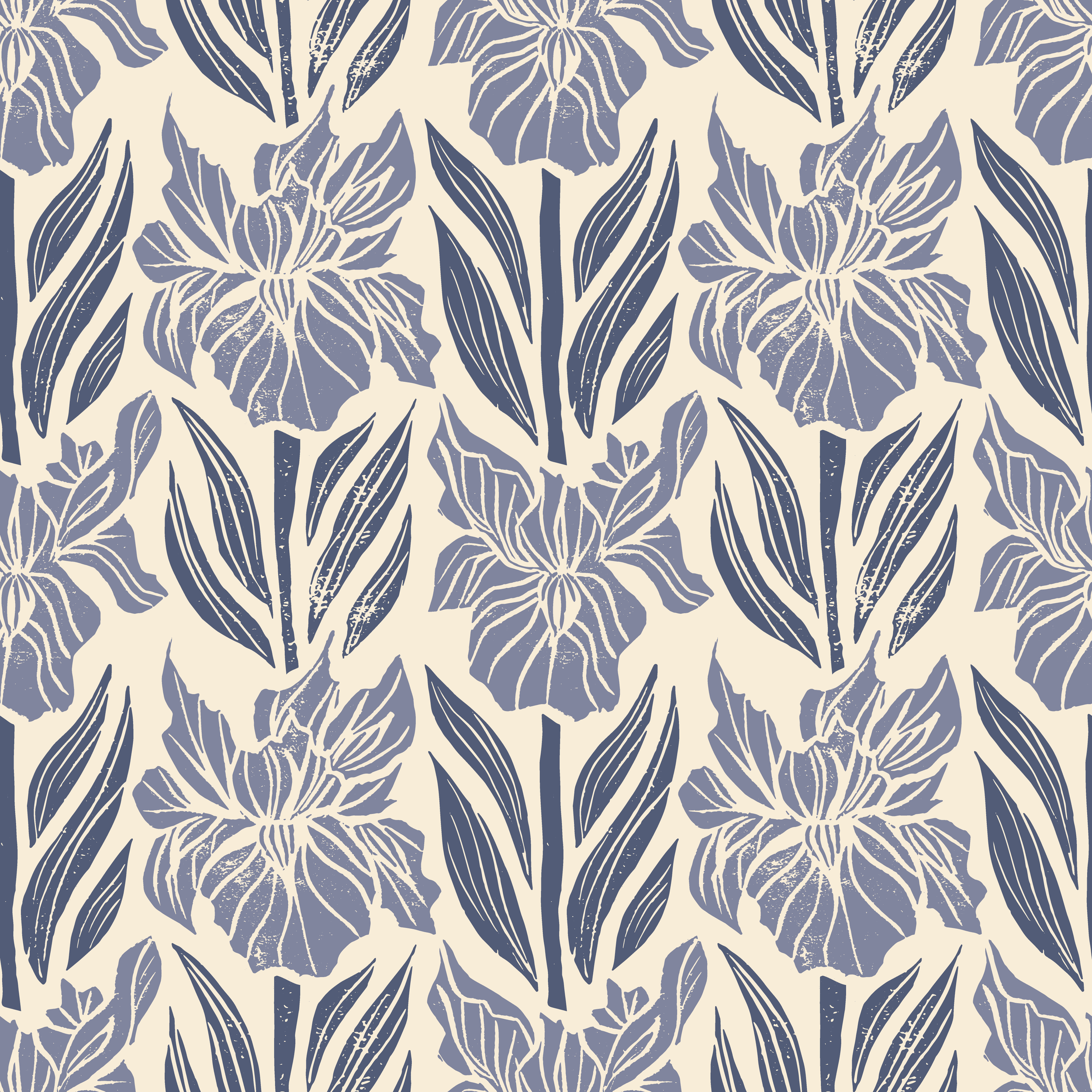 Modern Iris Damask Block Print surface pattern design — blue iris floral pattern on a cream background