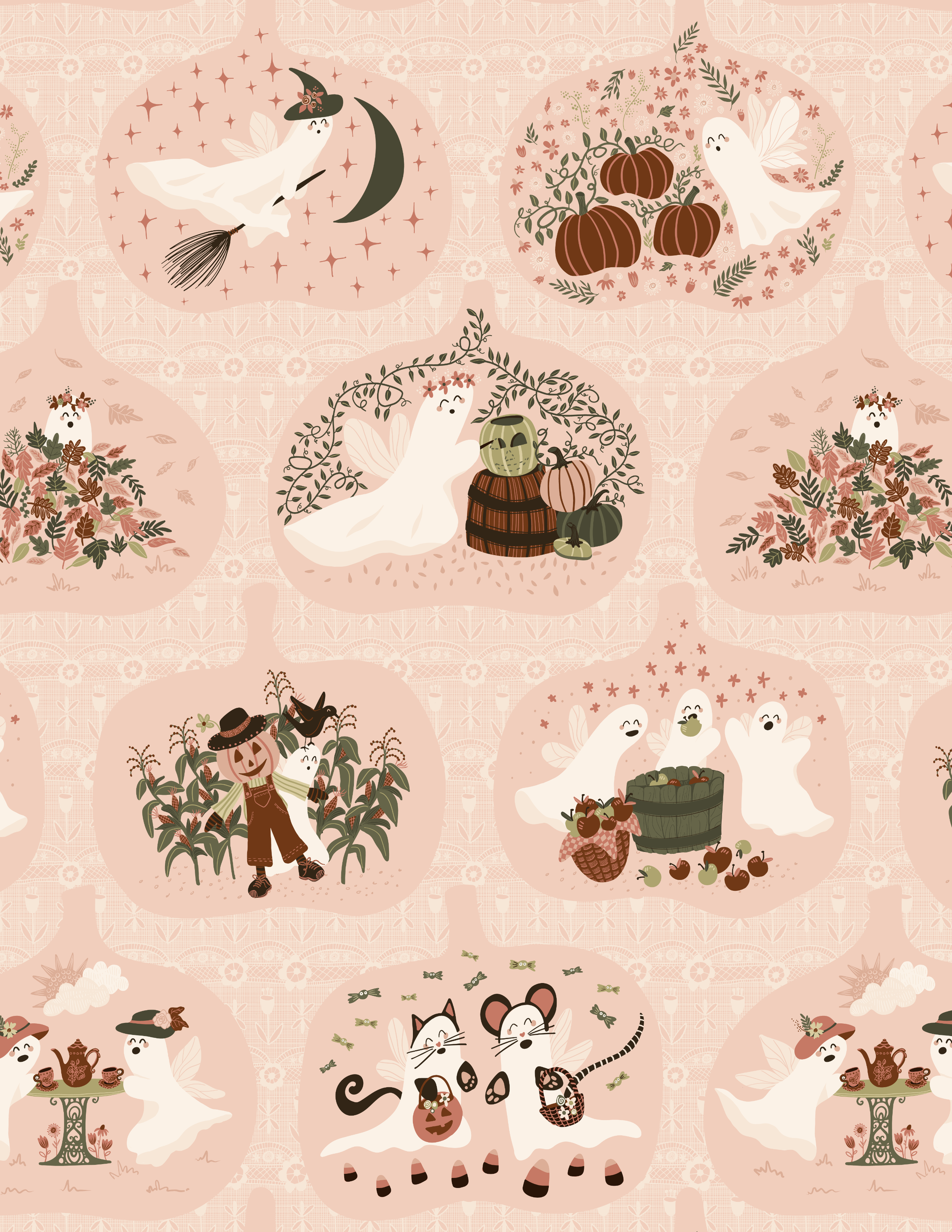 Ghost Fairy Tales surface pattern design — charming ghost fairies in pumpkin patches, apple orchards, and cozy autumn scenes on a dusty pink background