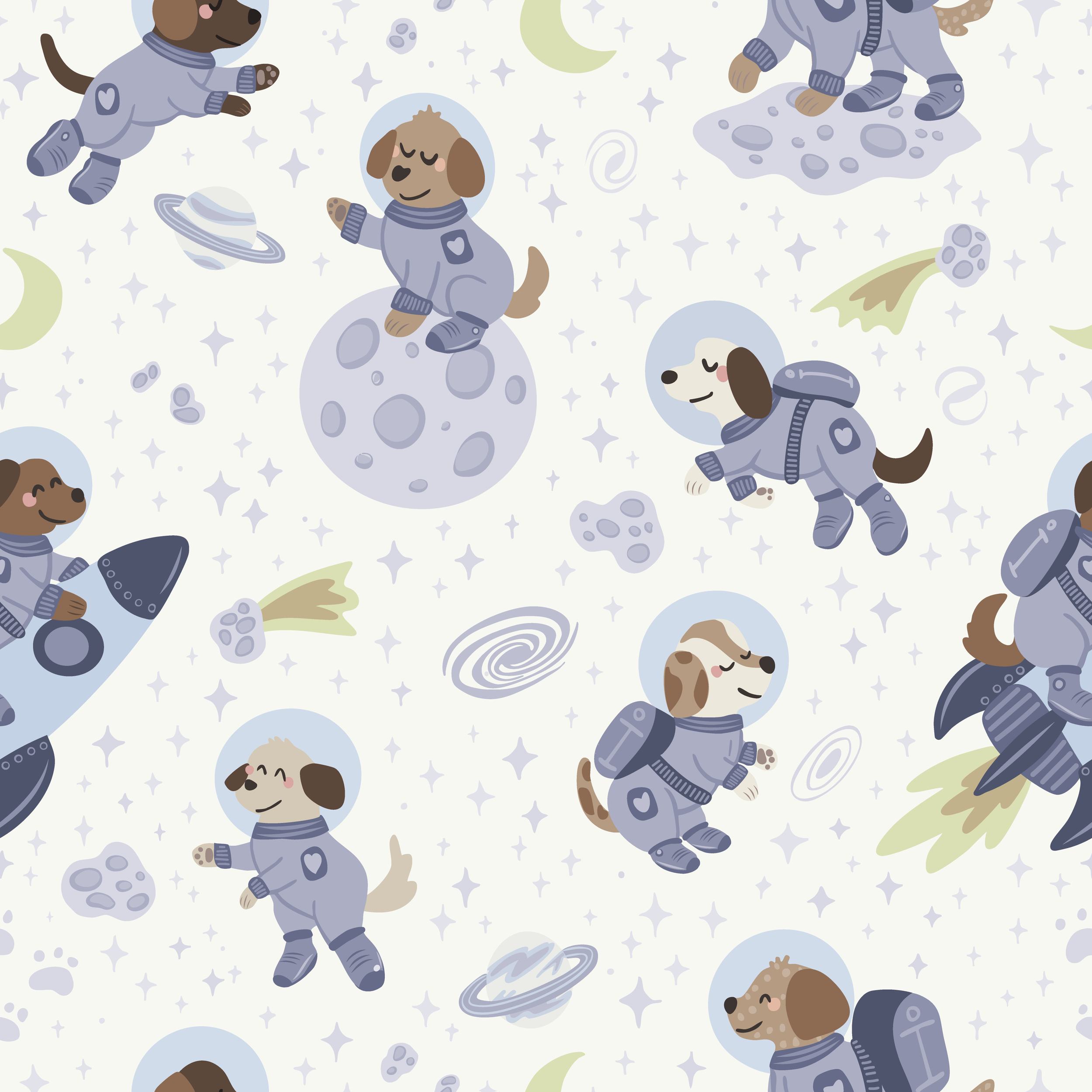 Space Dogs surface pattern design — playful astronaut dog and moon pattern in periwinkle and cream