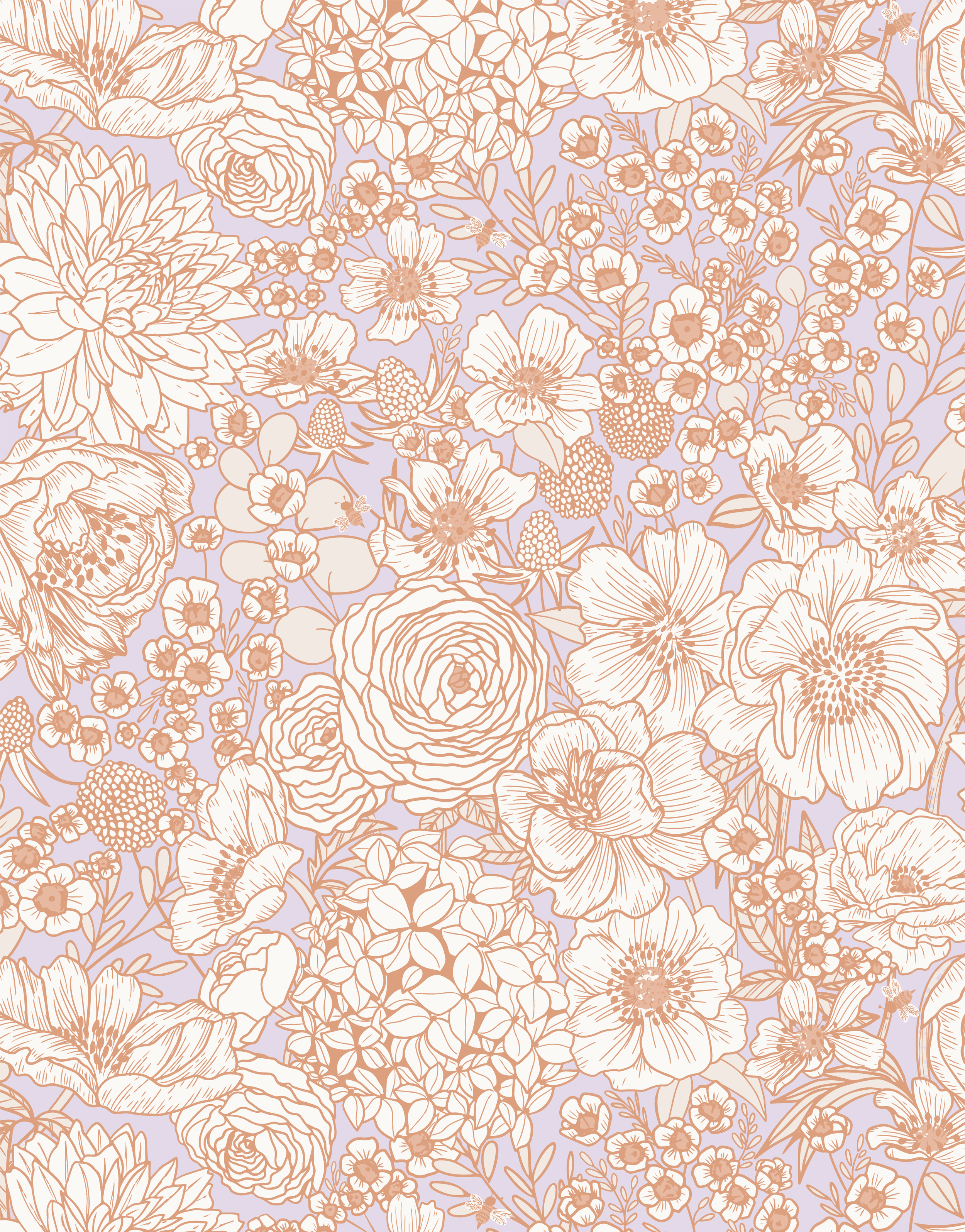 Peach Fuzz Garden surface pattern design — delicate rose, peony, hydrangea, and anemone floral pattern in cream, tan, and lavender