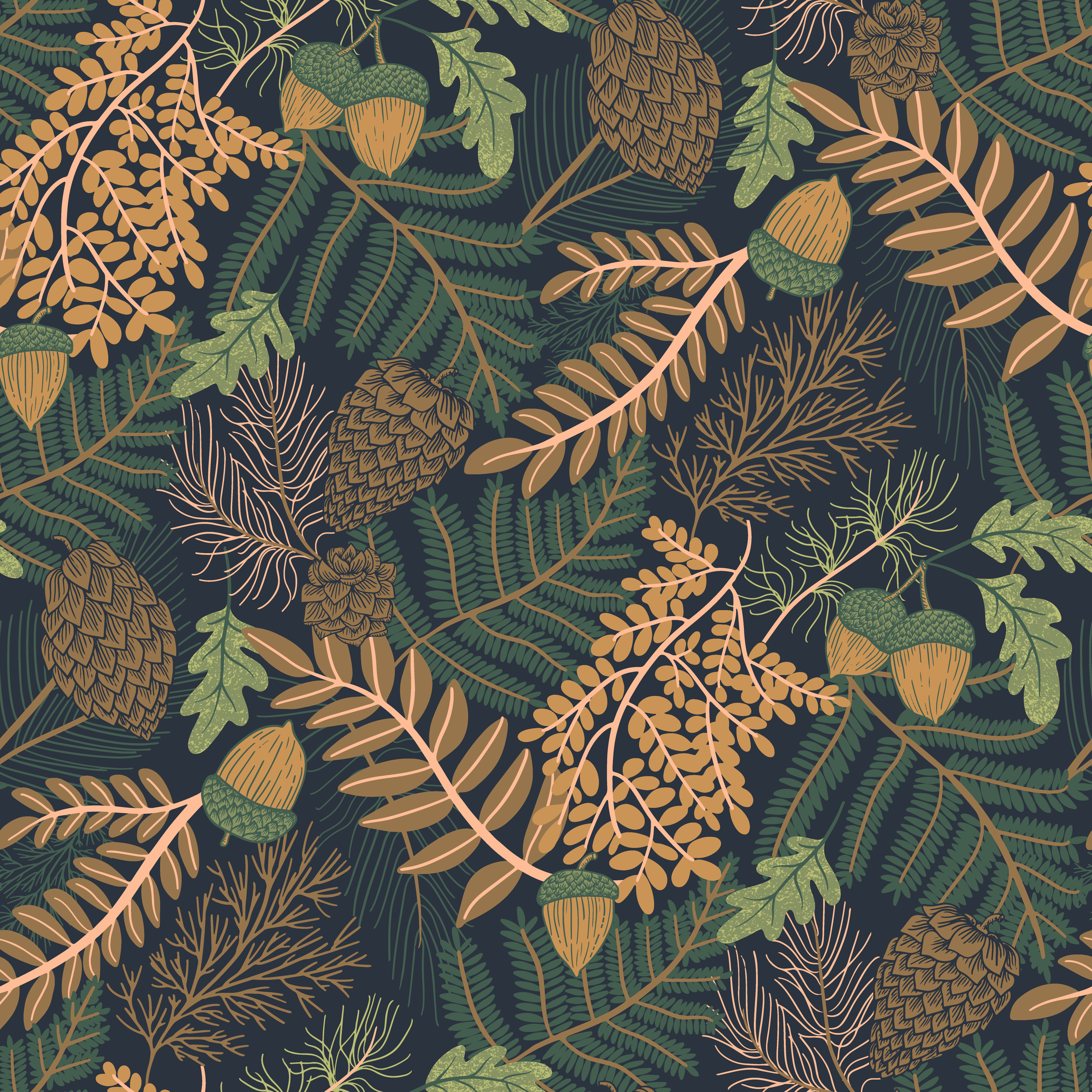 Forest Treasures surface pattern design — pinecone, acorn, and foliage pattern in olive green and mustard