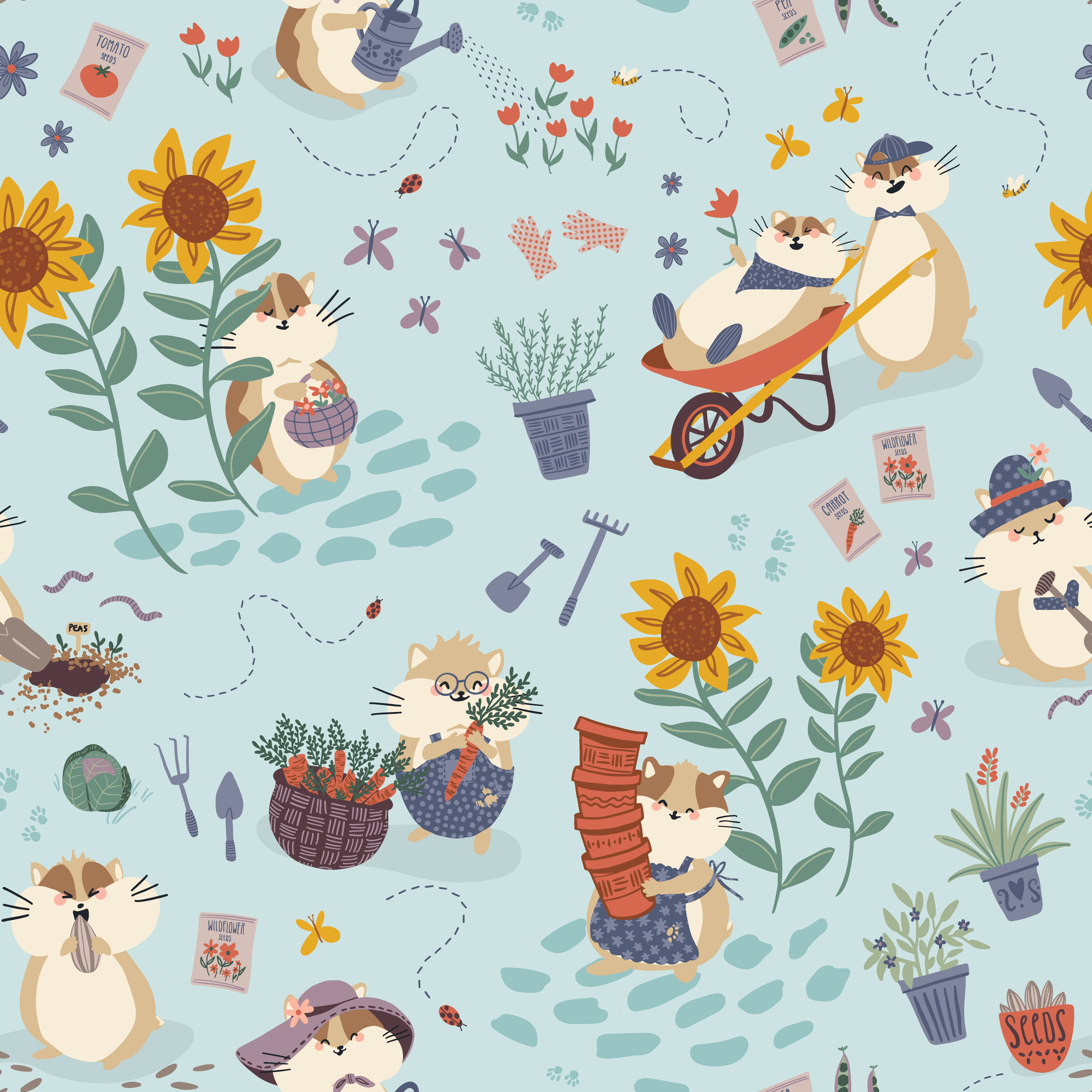 Hamster Garden Party surface pattern design — whimsical garden scene with hamsters, sunflowers, and watering cans