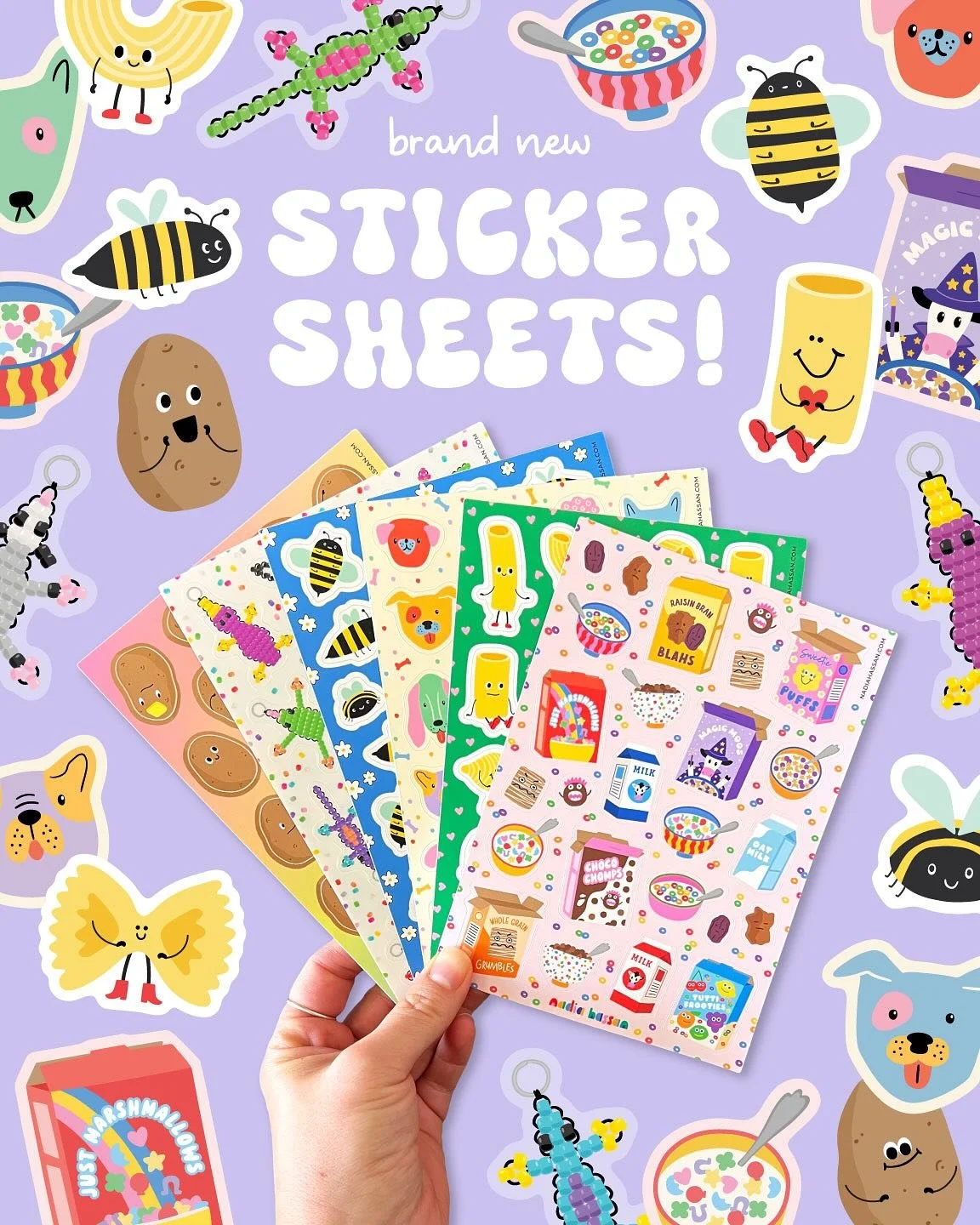 Six whimsically weird, delightfully silly new stickers sheets have just landed in my shop!

Ok, what&rsquo;ve we got here...let&rsquo;s see...a potato for every mood, pasta pals, all the doggos, super silly bees, hilarious made-up cereals (I&rsquo;m 