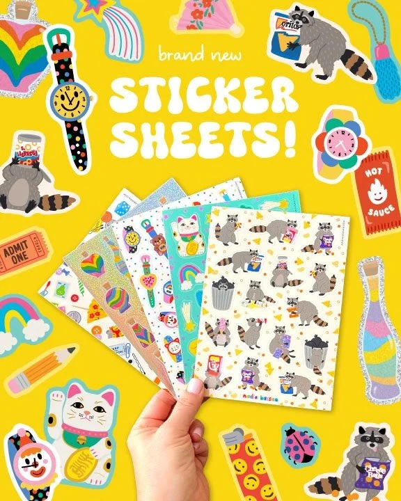 Five brand-new sticker sheets are here for all of your little treat needs, including my very first ✨glitter✨ stickers! I&rsquo;ve got snackin&rsquo; raccoons, the cutest watches ever, a tribute to an unsung household hero (the junk drawer, of course)