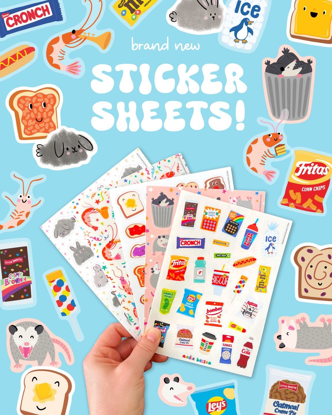 My latest self-produced sticker designs have landed. Come and get &lsquo;em! As always, I&rsquo;ve put together a wonderfully wacky assortment, featuring convenience store snacks, awesome possums, terrific toast, celebratory shrimp and the sweetest l