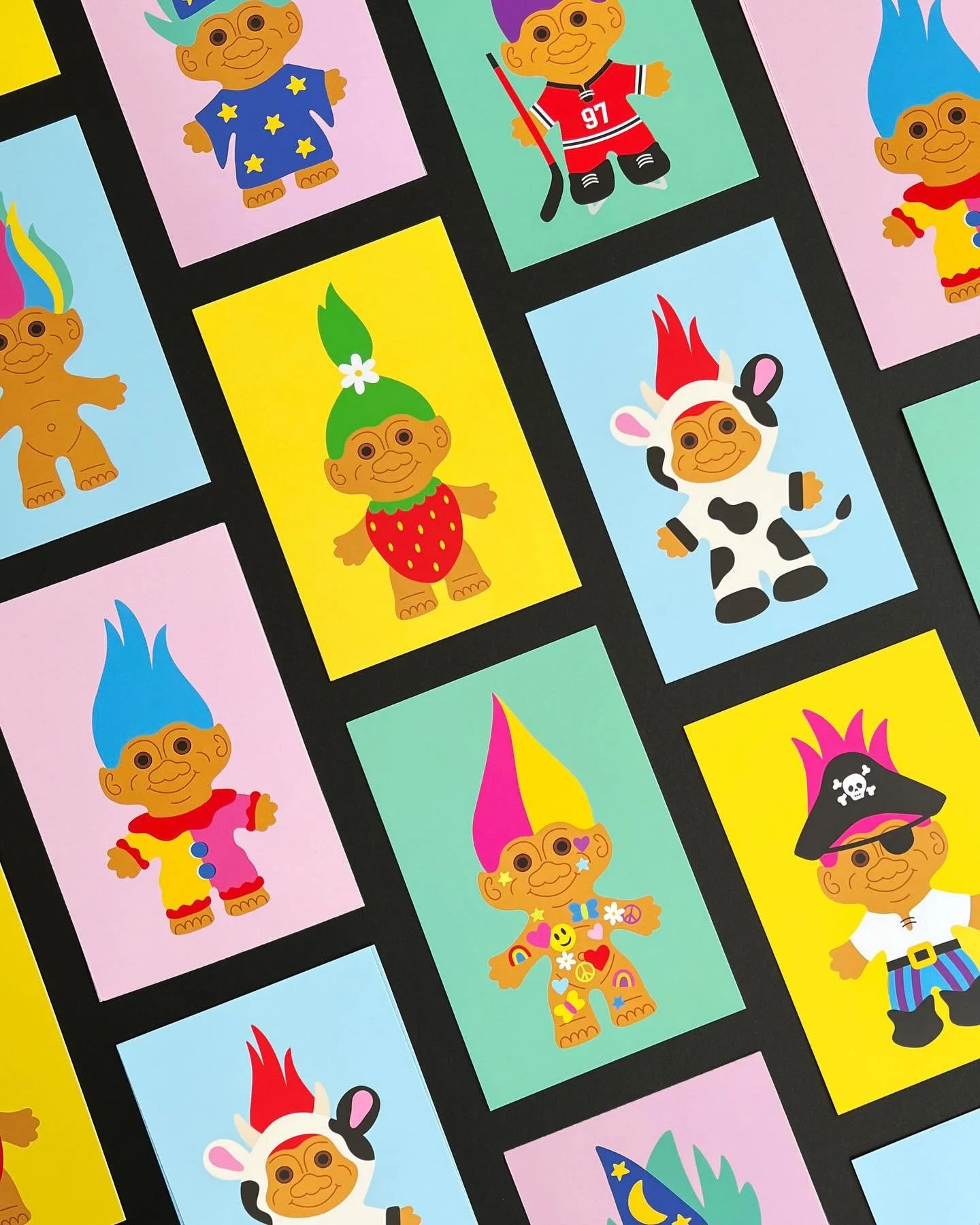 I&rsquo;ve made some upgrades to my Treasure Trolls postcard pack. Now with eight different designs instead of five, and premium 14pt matte paper stock (translation: extra thicc 😌).

The best part might just be the coordinating &ldquo;stamps&rdquo; 