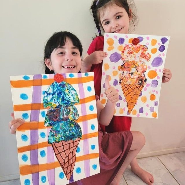 girls holding ice cream shaving cream print artworks