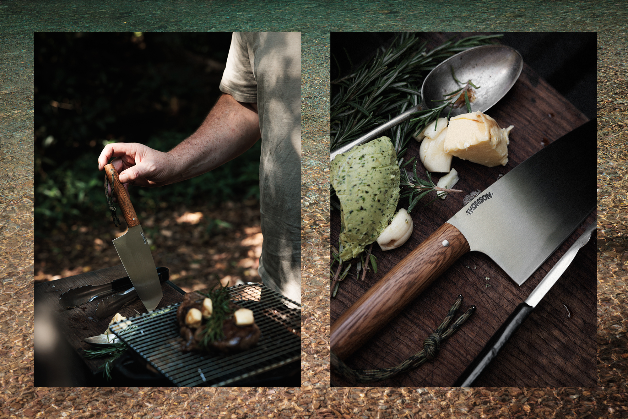 man holding knife. Background creek, herbs, knife and butter