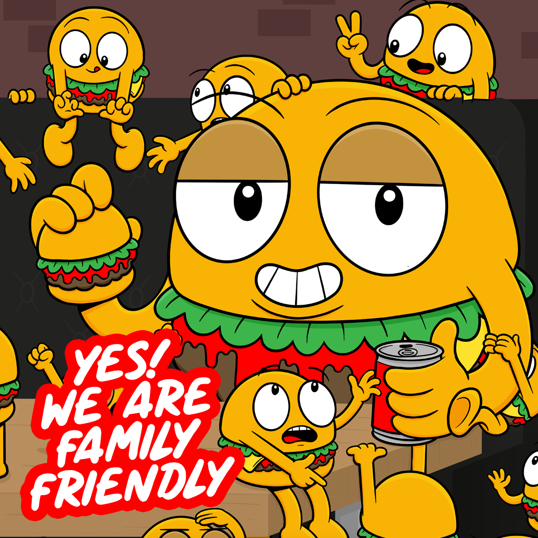 Cartoon characters of tacos with faces and limbs, gathered together, some holding drinks or making peace signs, with a sign that reads "YES! WE ARE FAMILY FRIENDLY".