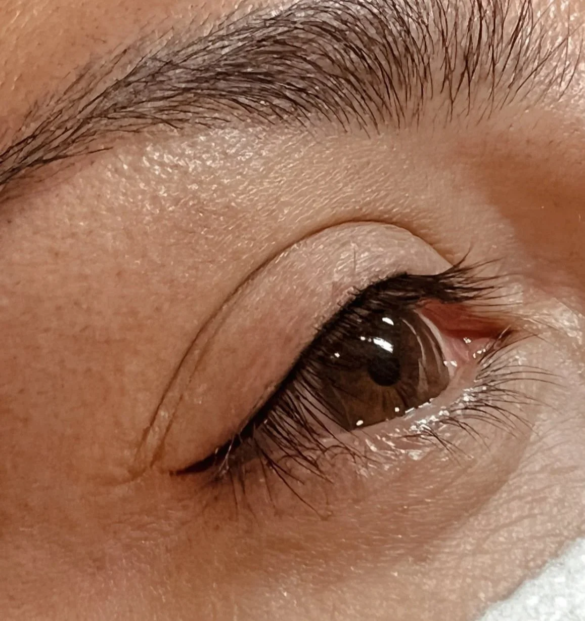 close up of a right brown colored eye and the black eyeliner that has been treated with permanent treatment.