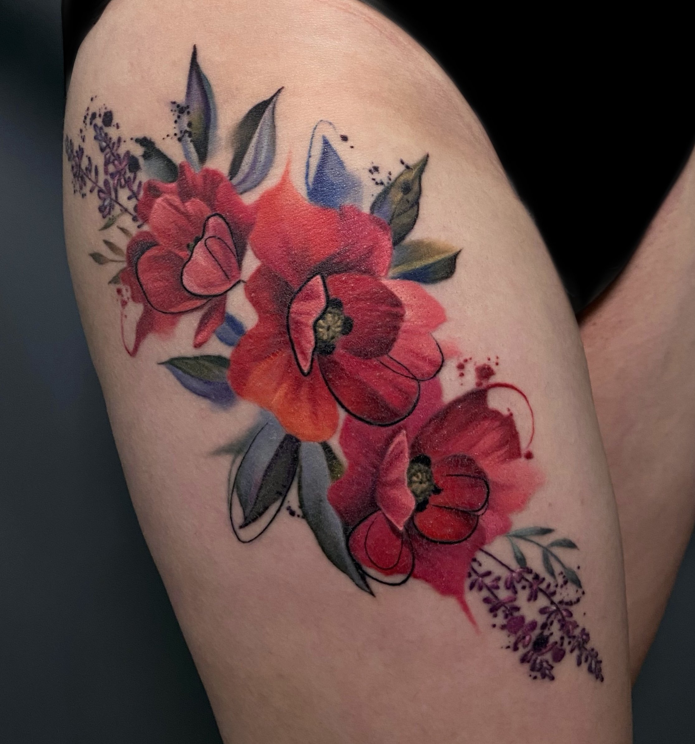 The Hive – Sky Coyote – Full Color Tattoo – Watercolor Tattoo – Black and Grey Tattoo – Floral Tattoo – Delicate Tattoo – Flower Tattoo – Feminine Tattoo