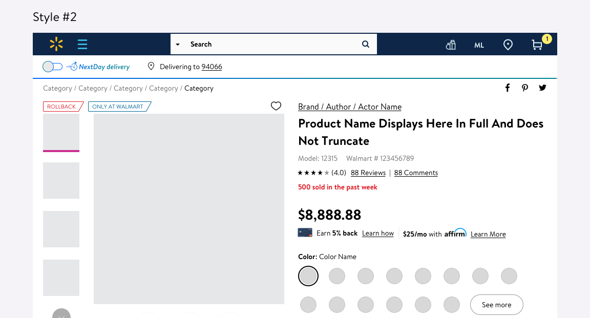 PROS: The red draws a lot of attention.
CONS: Red might convey the wrong message (too urgent, almost yelling at the customer), and we want to avoid adding too much color to the Product Description Page.