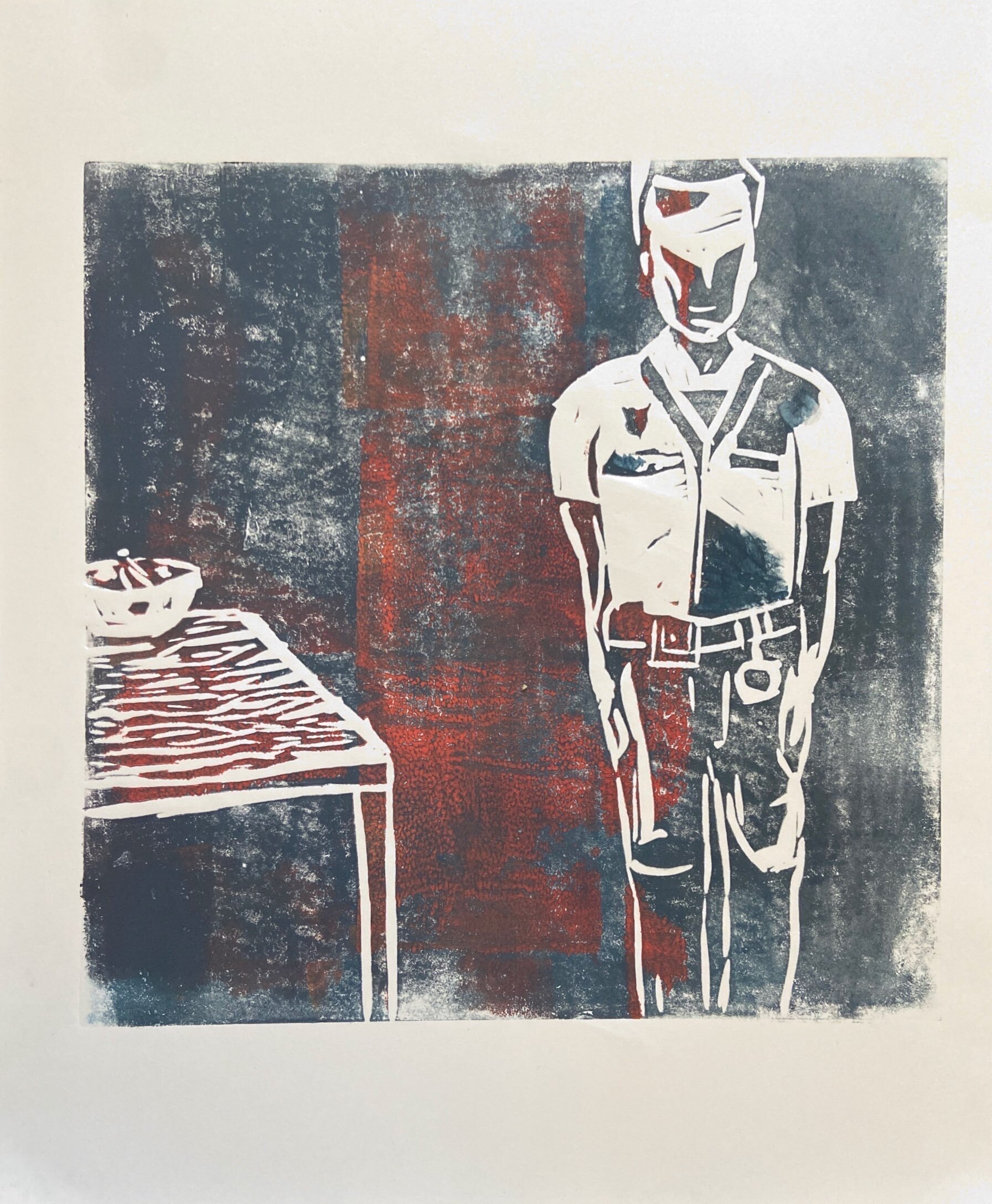 Kassandra Papa, "Fleeting Time 3,"  Linoleum print, 14" x 17", 2020.
