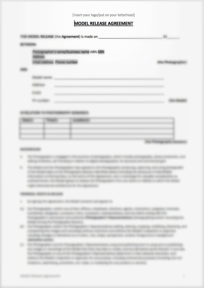 This Sample Model Release Agreement is a legally binding document designed for TFP photo shoots (i.e. where neither the Model nor the Photographer are paid for the shoot, but where you, as the Photographer, are providing the Model with copies of the photos you take of them, in exchange for you being able to use them, including for commercial and promotional purposes). The sample agreement sets out the rights and obligations of each party in relation to the photographs taken at the photography shoot(s), and protects the Photographer’s position.   You can also adapt it to apply to when you are paying the model.  The sample agreement comes with Explanatory Notes providing further information about some of the clauses. The Explanatory Notes are  not legal advice , but rather provide general information only.   Upon request and for a further fee, Ethical Law can provide specific legal advice, and/or a customised agreement, tailored to your circumstances and requirements, including any particular provisions you would like added or changed.  This sample document has been prepared based on Australian law. If you are working in another jurisdiction, please seek advice for your jurisdiction prior to using this sample contract.