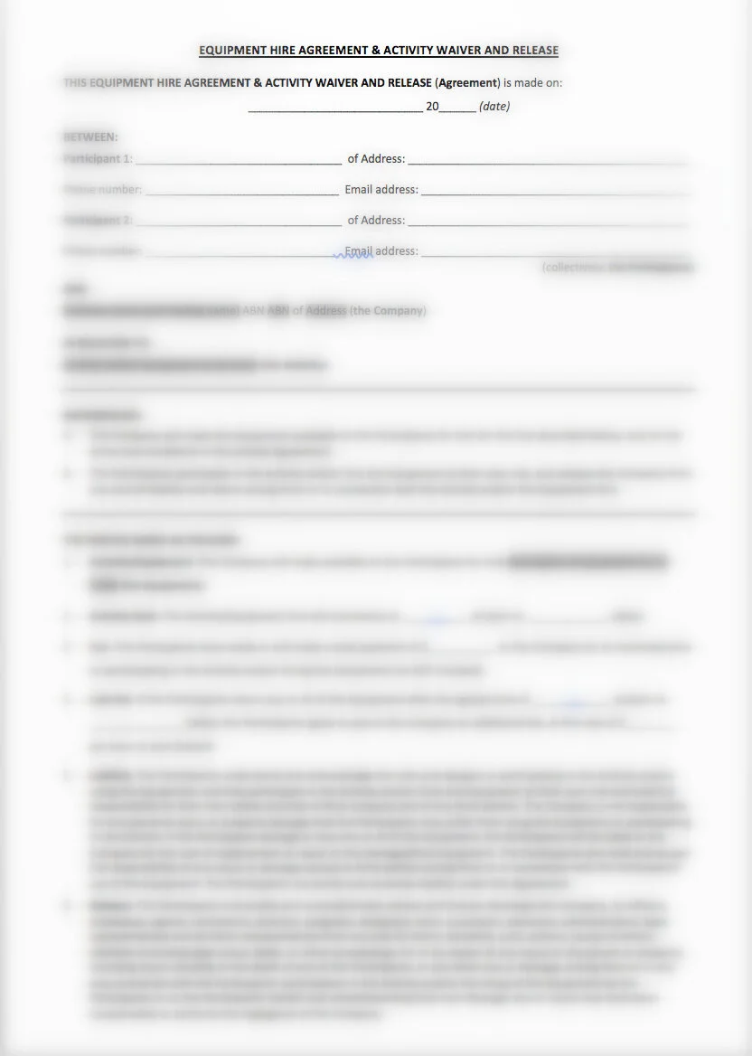 Ethical Law’s Sample Equipment Hire &amp; Activity Release Agreement  is designed for businesses that are renting out equipment and/or providing access to (or facilitating) activities. The contract sets out the terms of the equipment hire/activity, including releasing the business (the activity provider) from liability to the extent possible.  When you purchase this sample contract, you will also receive Explanatory Notes, providing further information about some of the clauses in the contract. The Explanatory Notes are  not legal advice , but rather provide general information only.   Upon request and for a further fee, Ethical Law can provide specific legal advice, and/or a customised contract, tailored to your circumstances and requirements, including any particular provisions you would like added or changed.  This sample contract has been prepared based on Australian law generally, however the relevant laws may differ from State-to-State (or Territory). We suggest seeking advice for your jurisdiction prior to using this sample contract.