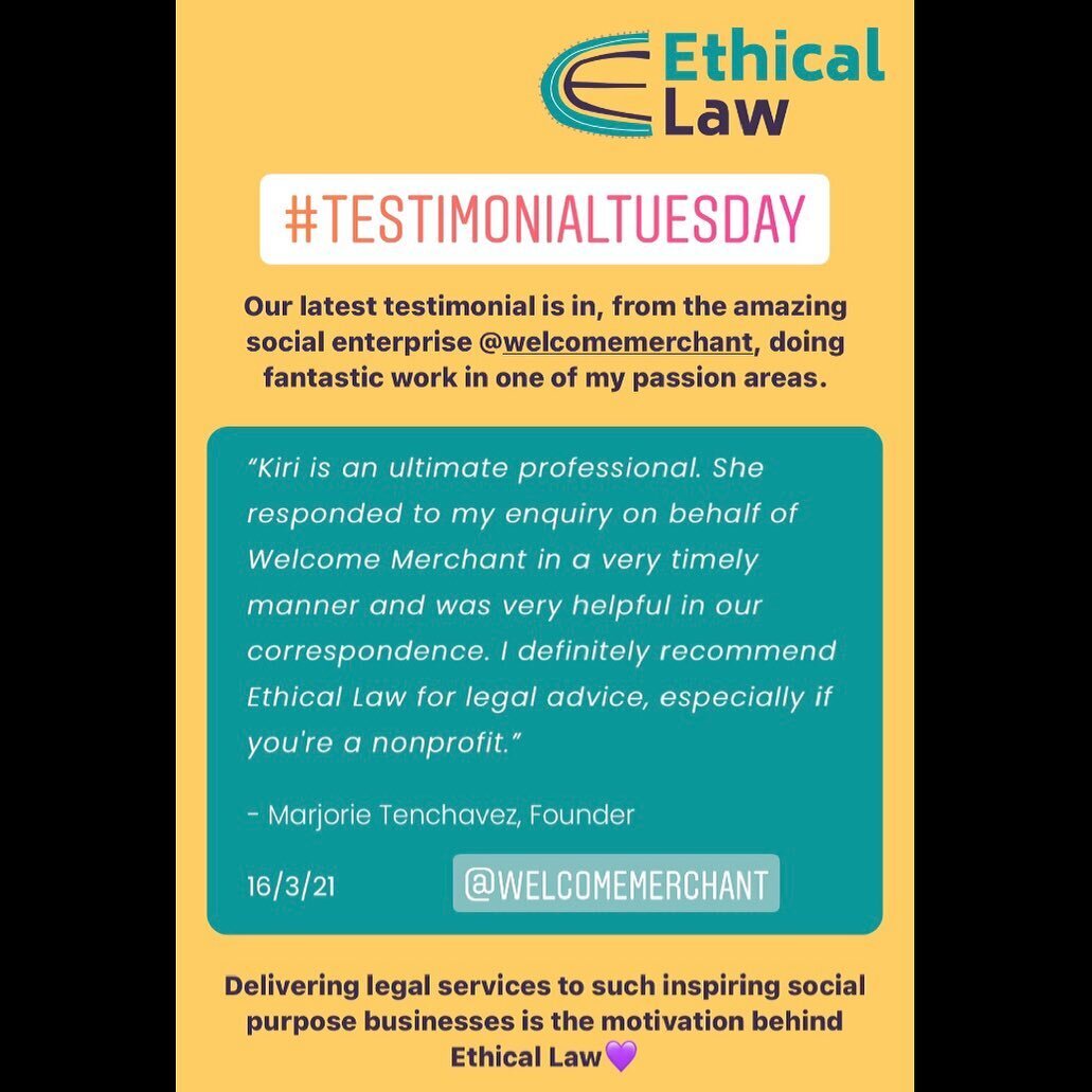 Ethical Law loves working with incredible NFPs and social enterprises doing good things, like @welcomemerchant, and we couldn&rsquo;t be happier to hear how helpful the services have been 💛

#testimonialtuesday #testimonial 
#socent #socentau #socia