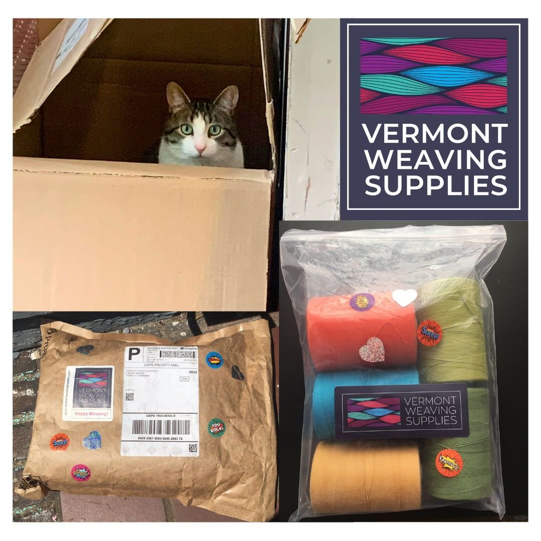 It's a busy day in the shop! New inventory is being unpacked, and Weaving Club Kits for Project#15 Bubbe's Kitchen, are being packed for shipping. In the photo, Balarian investigates empty boxes from yarn shipments. Dena says, &quot;Let me be VERY CL