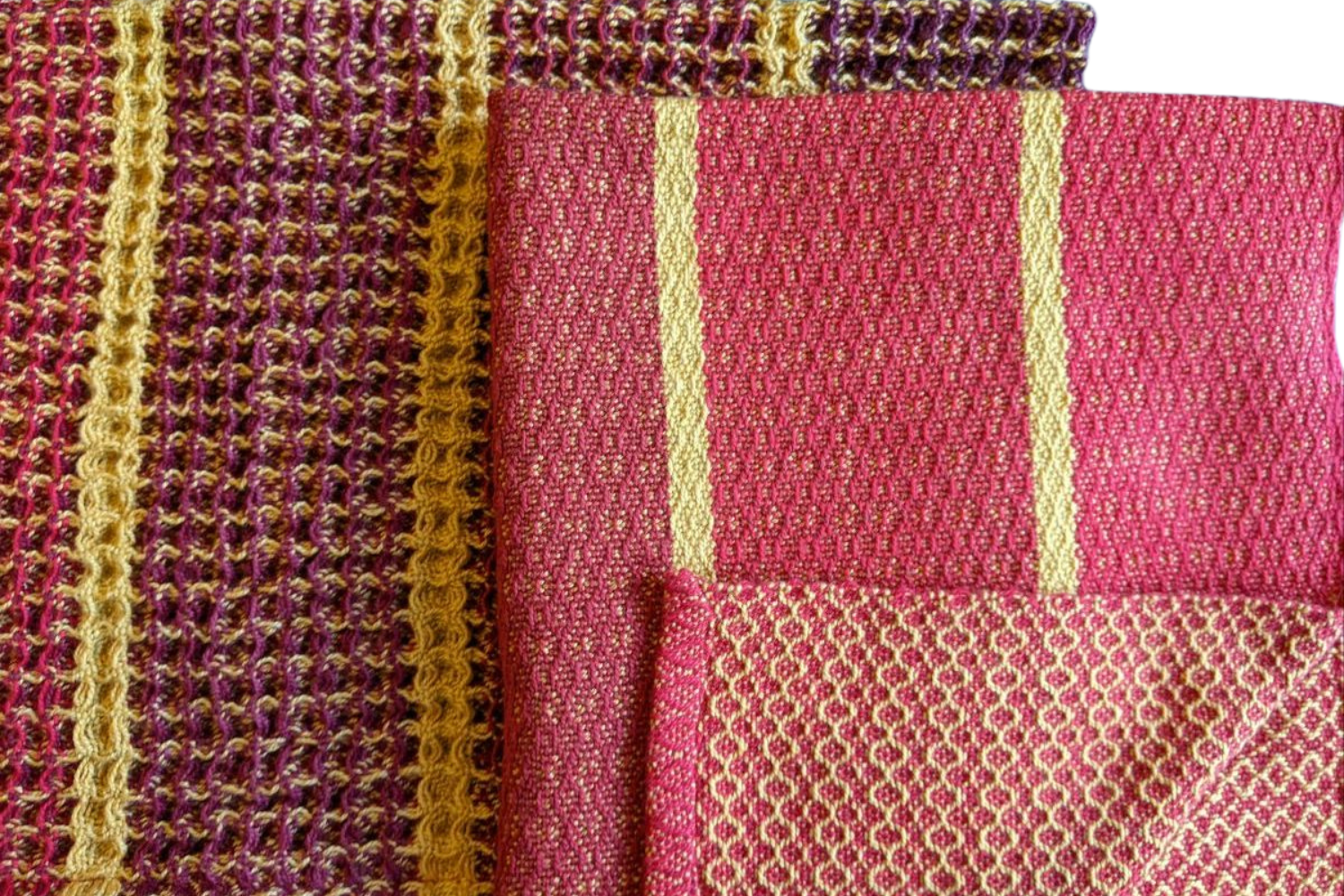 Six-shaft waffle weave with selvedges on the last two shafts. The threading is a point twill and you can weave a rose path on the same warp. The picture shows an unbalanced rose path where one side of the fabric is warp faced and the other is weft fa