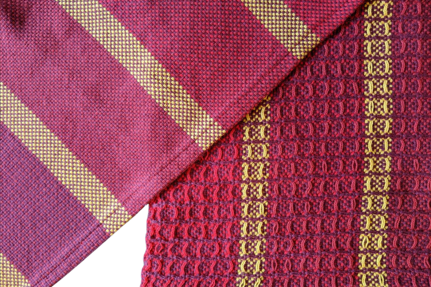 The Rigid Heddle project uses one pick-up stick, a 12-dent heddle and an eight row pattern repeat. You can use the same warp for a plain weave fabric or if you are ready for a more complicated project, thread using two heddles for a finer towel. 

