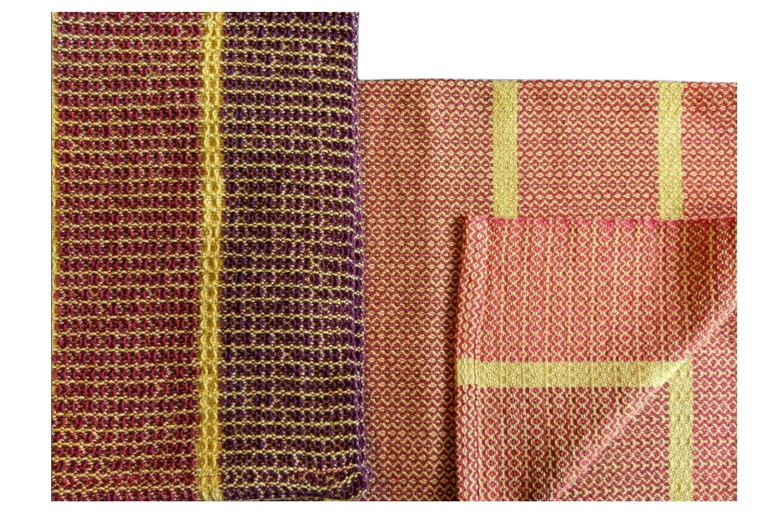 The Four-Shaft project  uses a four shaft point twill threading so you can weave a rose path on the same warp. 12 dent reed, 24 epi.