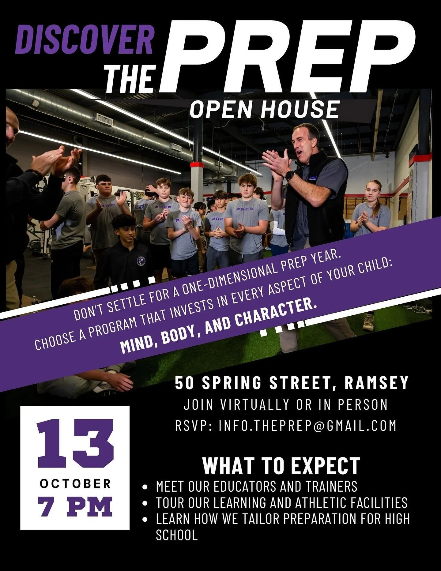 Join us Monday, October 13th, at our Ramsey locaton in person or online to hear more about the most comprehensive 8th grade program for student athletes in the area. Meet instructors, trainers, and current and former students as we share information