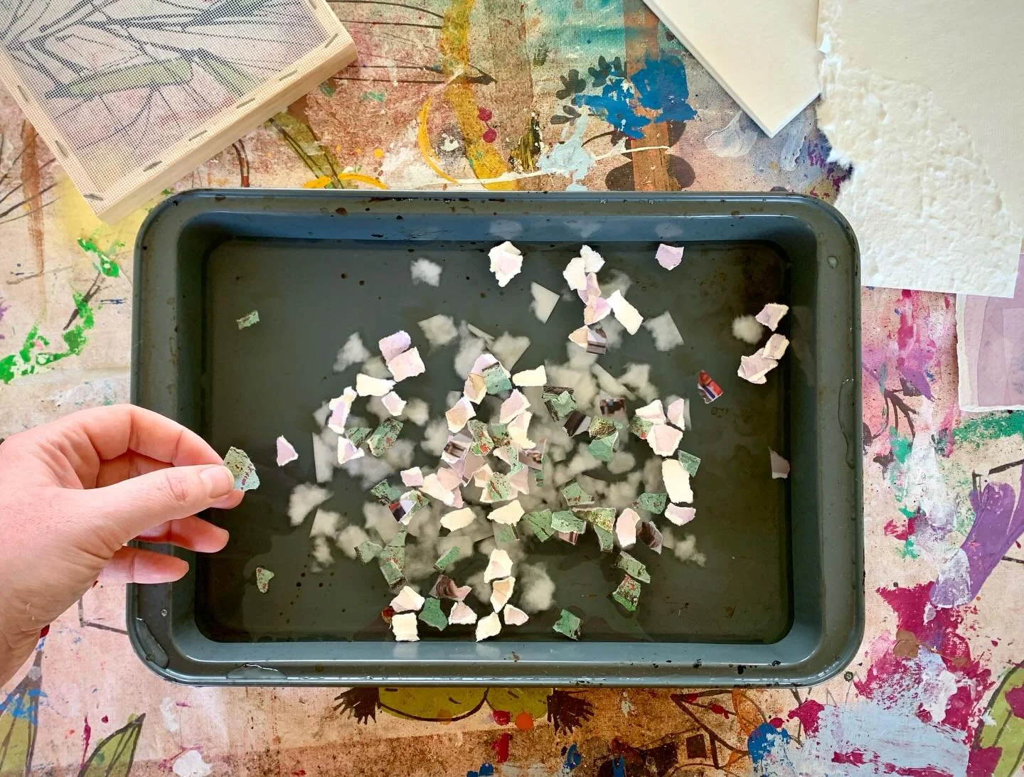 Back to basics. Papermaking today at my @acreprojectcelbridge artist residency. It&rsquo;s such a peaceful and repetitive process. Becoming calmer by the minute watching the colours and fibres soak together 🤗