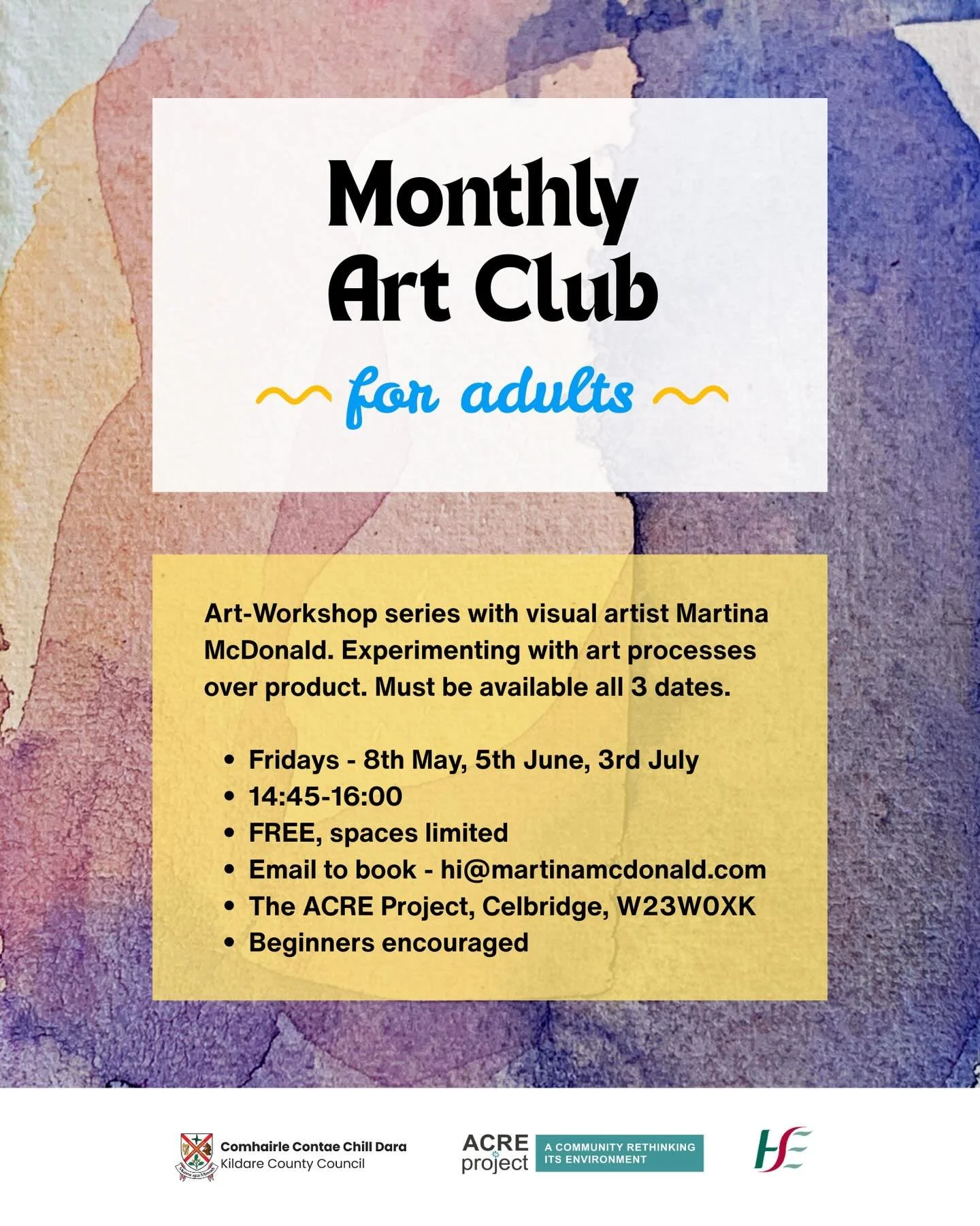 It&rsquo;s that time again&hellip;Calling all art entusiasts! 

My Art Club kicks off again this Friday at the @acreprojectcelbridge. 

3 monthly sessions over May - July, same group, same vibe. With an emphasis on process and experimentation over pr