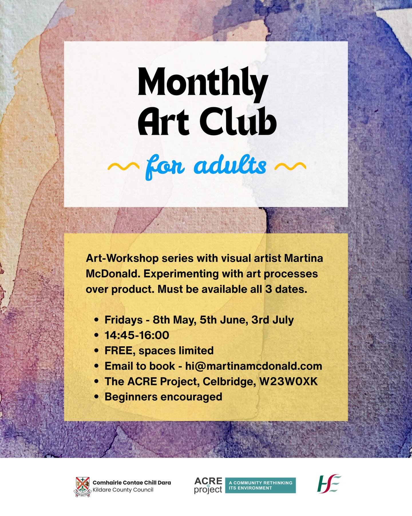 It&rsquo;s that time again&hellip;Calling all art entusiasts! 

My Art Club kicks off again this Friday at the @acreprojectcelbridge. 

3 monthly sessions over May - July, same group, same vibe. With an emphasis on process and experimentation over pr