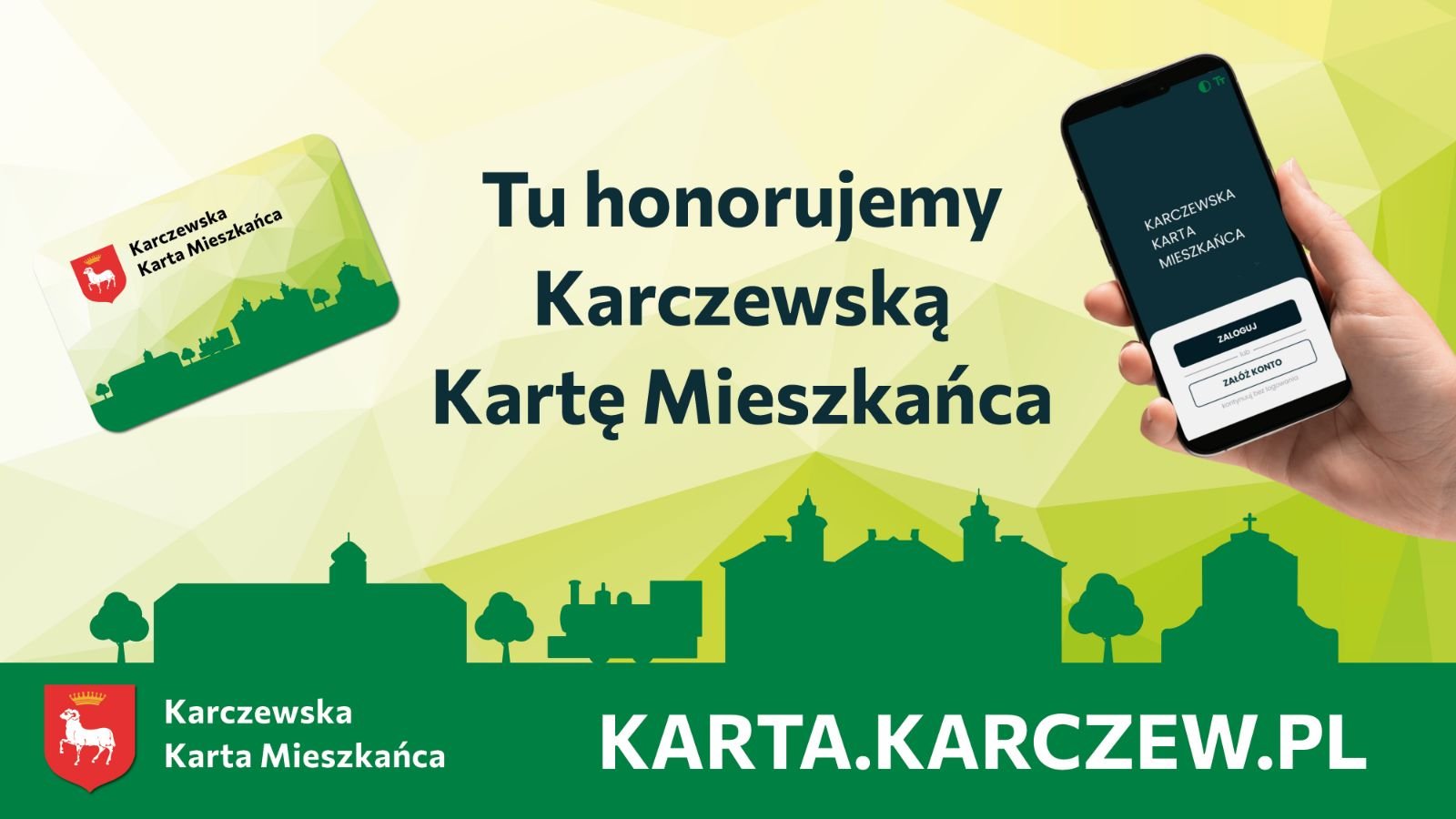 Grafika promująca Karczewską Kartę Mieszkańca, przedstawiająca zieloną kartę z sylwetką miasta i czerwonym herbem, obok telefonu komórkowego z ekranem logowania do aplikacji karty mieszkańca, na tle zielono-żółtych geometrycznych kształtów.