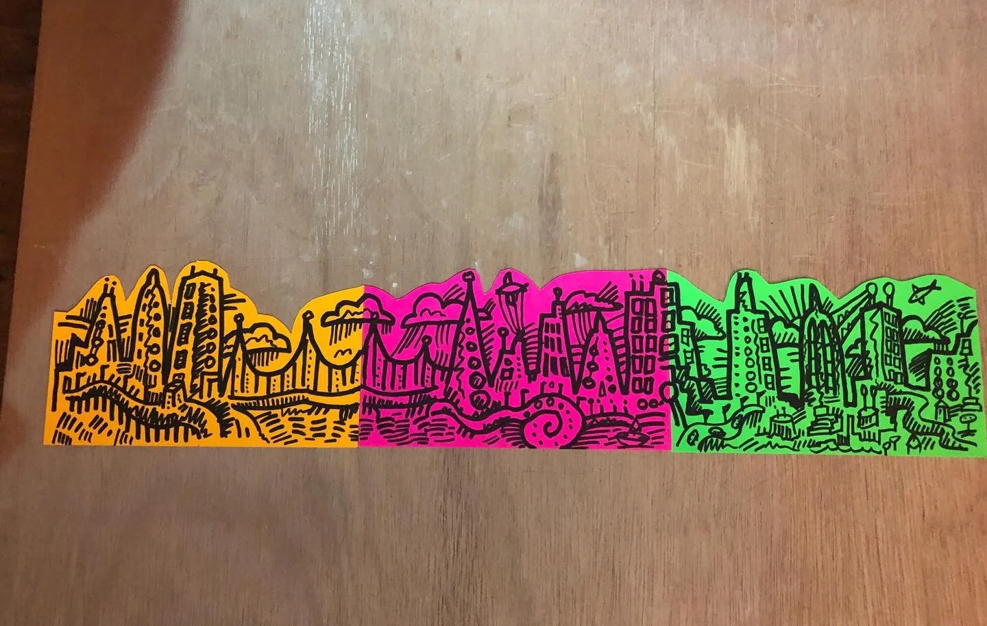 ENVIRONMENTAL BUILDING BLOCKS &gt; Tri-color fluorescent city decals ~ dm for custom&bull;
&bull;
&bull;
#artistsoninstagram #artistsofinstagram #custom #stencil #paint #🕉 #sharpie #krylon #to11 #mixedmedia #love #2022 #immersive #immersiveart #ligh