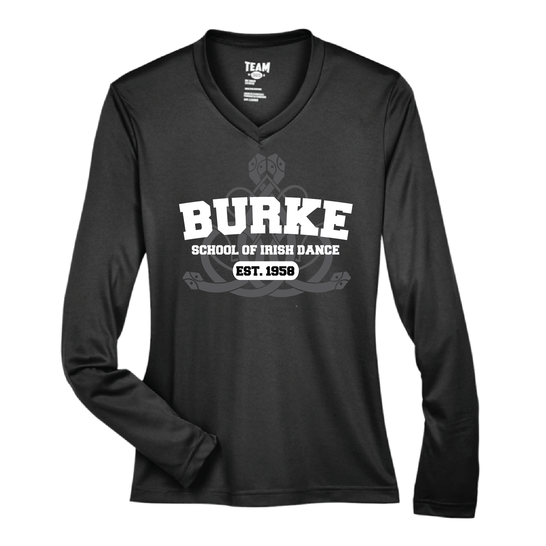 Burke- Collegiate Lettering- Women's Performance Vneck Long Sleeve Tee