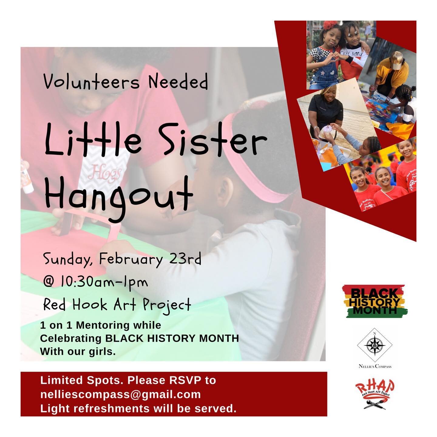 Nellie Cares! We&rsquo;re celebrating Black History Month at the @redhookartproject. This month&rsquo;s Little Sister Hangout will be dedicated to empowering our girls with accomplishments by Black Women. To volunteer your time, please send us an ema