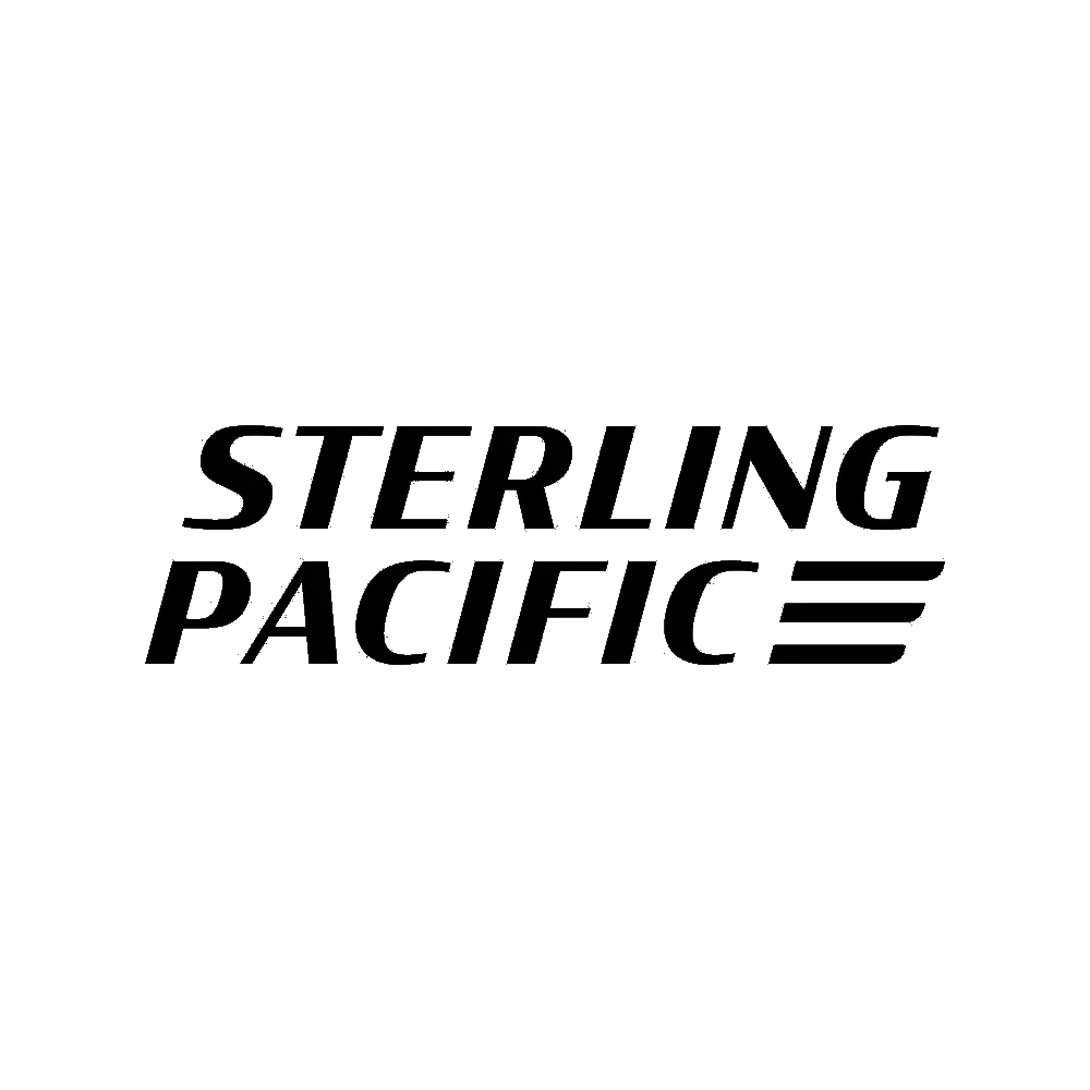 Black and white logo for Sterling Pacific with mountain and sailing boat icons.