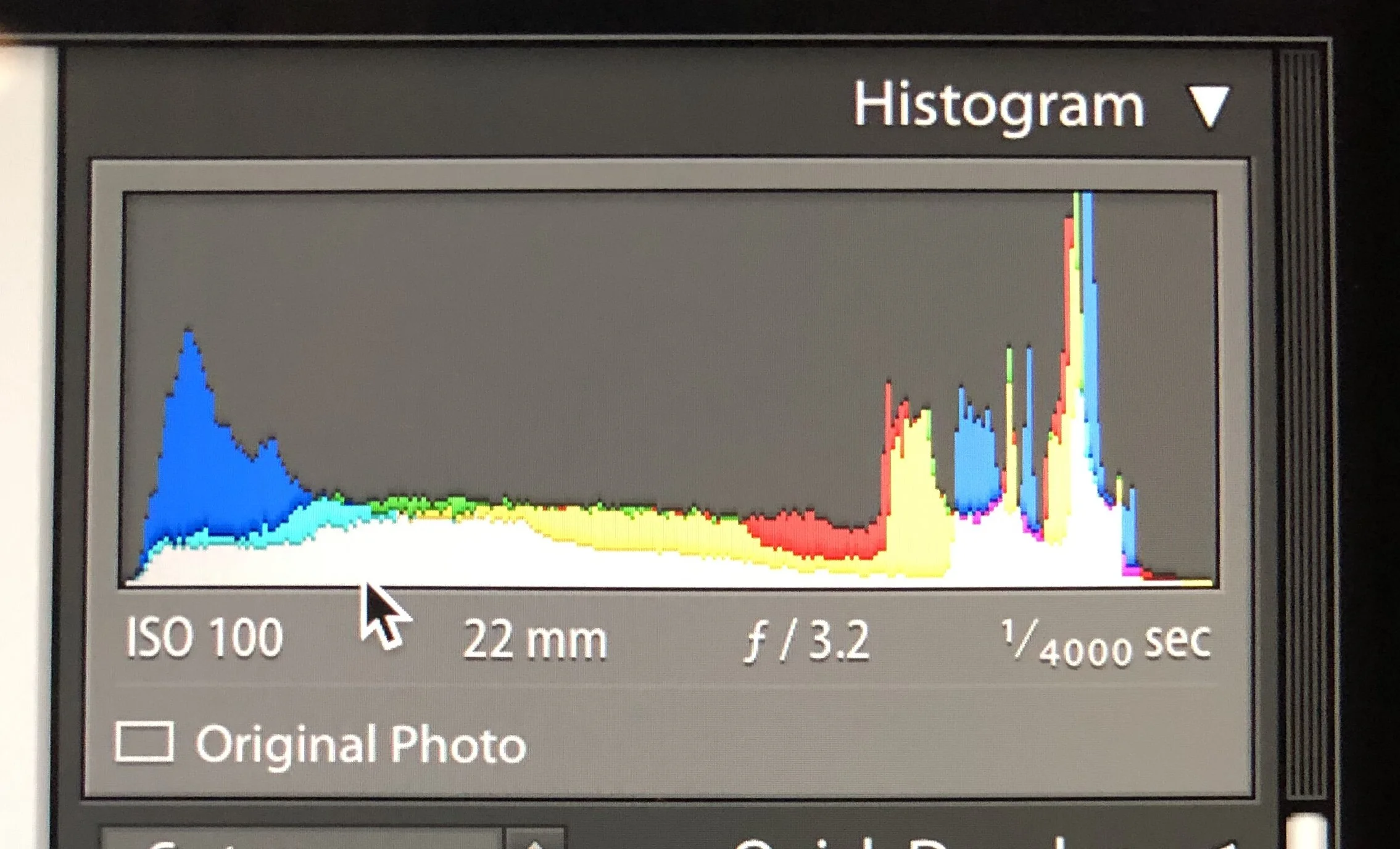 Editing image histogram. After highlight dodging the shadow data is back on the histogram and the image is pretty well balanced.  How do YOU do this?  Well, that is for another post and maybe part of the forthcoming Getting To Know Your Camera