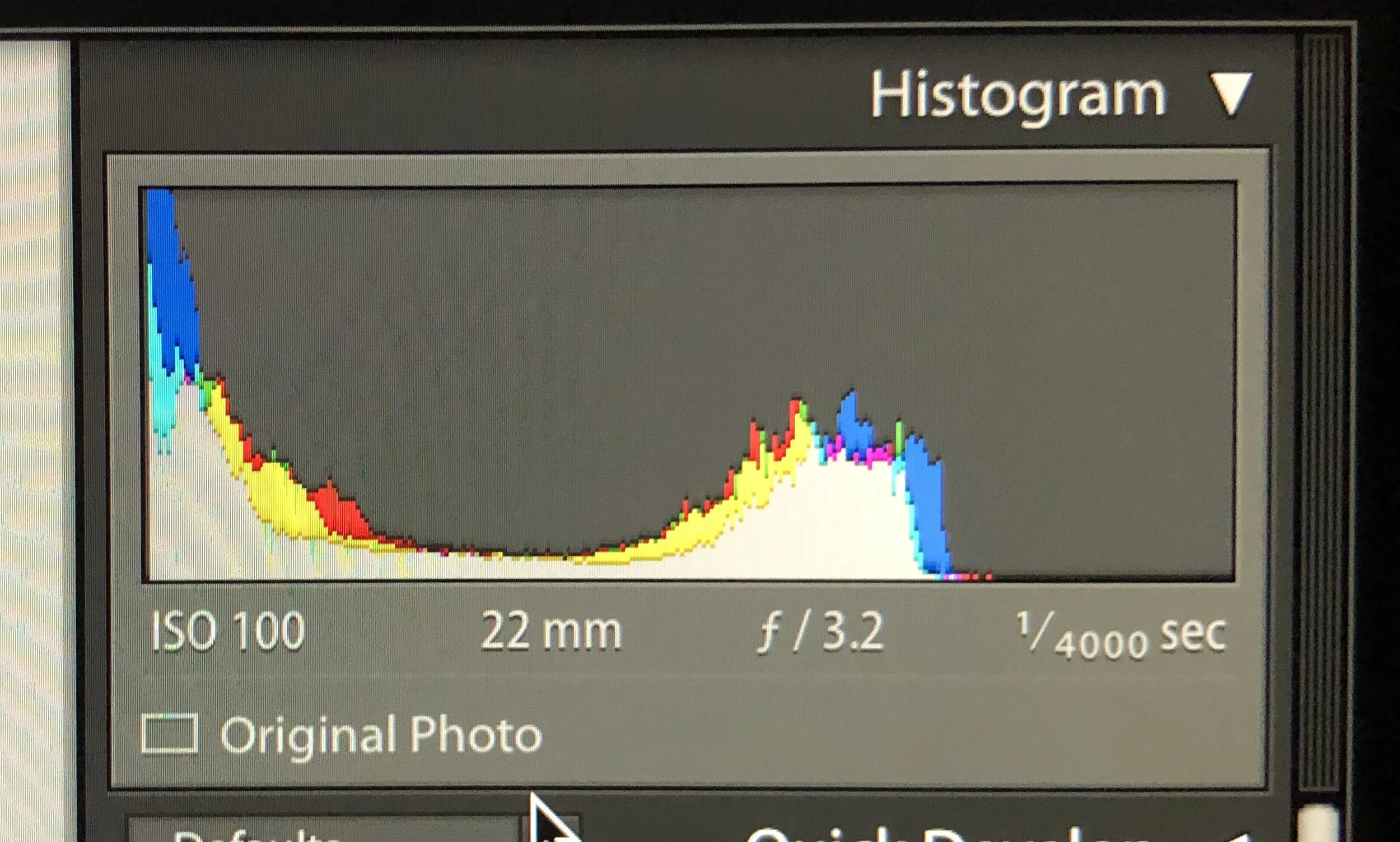 Histogram of the RAW image straight out of the camera. Fairly well exposed with an almost unavoidable shadow data portion off of the histogram. I indicated unavoidable as handheld shooting is difficult to be precise with, particularly when people ar