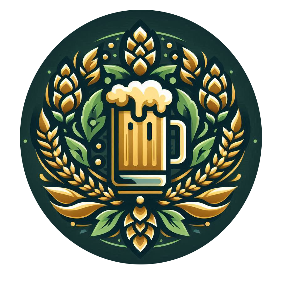 Stylized logo featuring a beer mug with foam, surrounded by green leaves and golden hops in a decorative circular design.